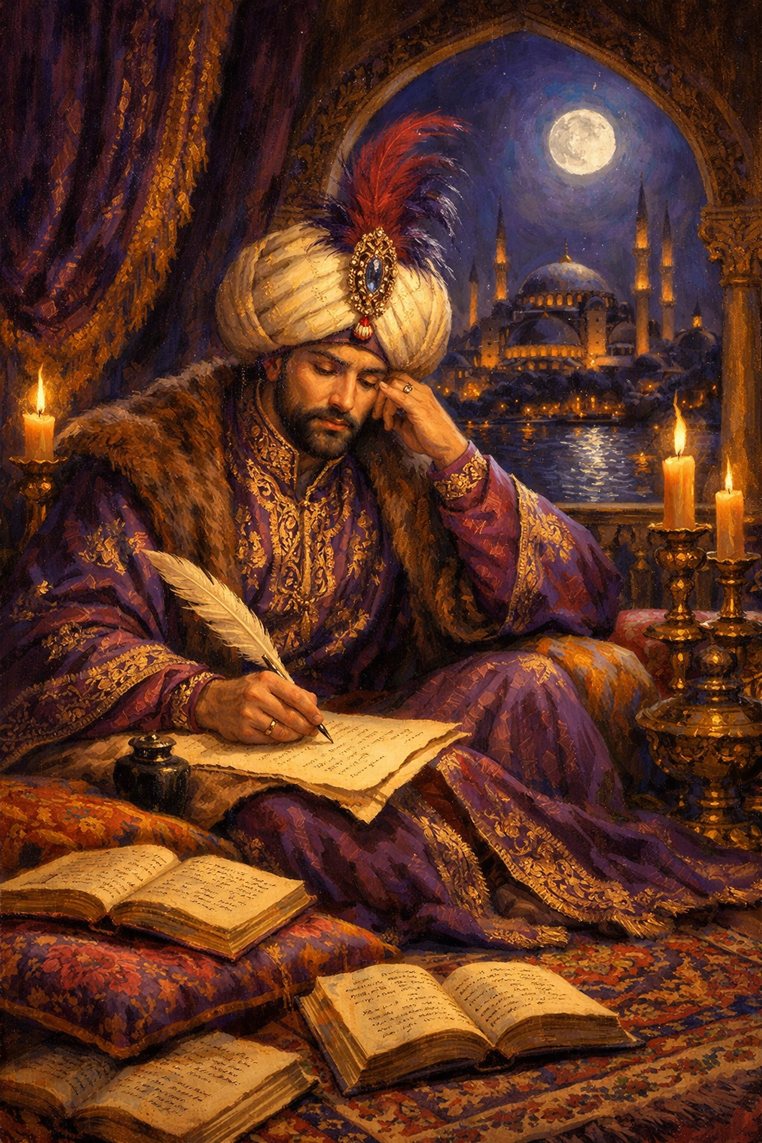 Sultan Selim I writing poetry by candlelight in his Ottoman palace chamber