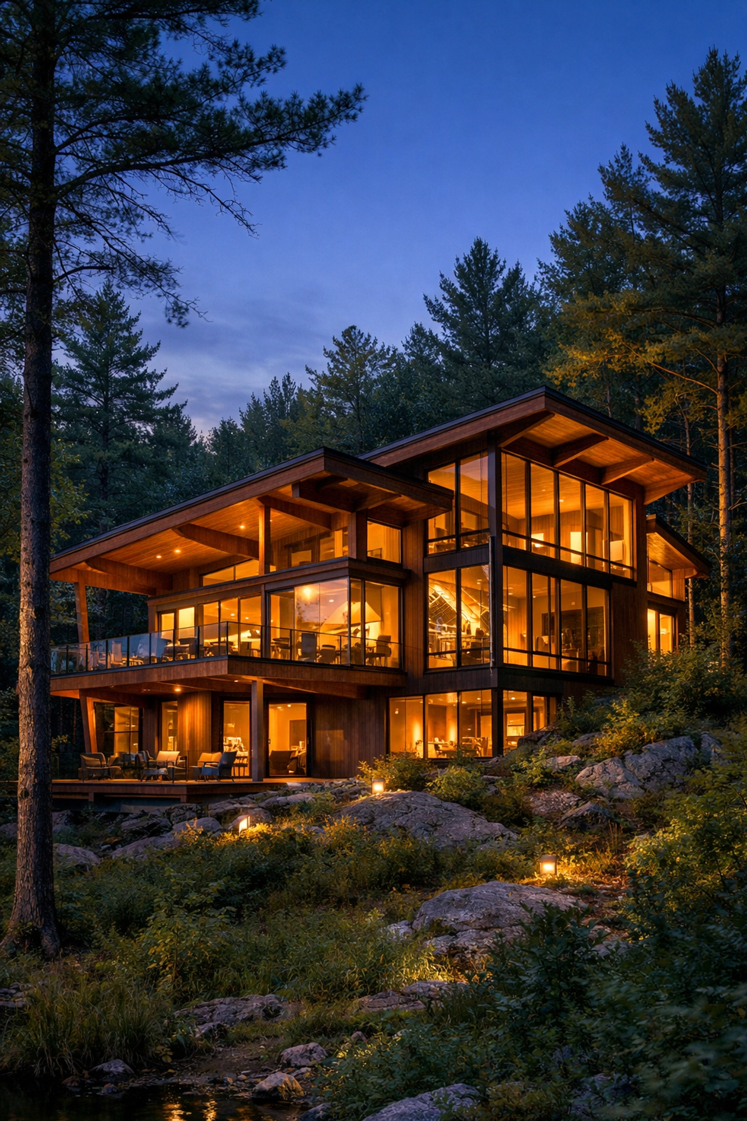 Modern timber and glass house with unique architecture in a tranquil woodland setting.