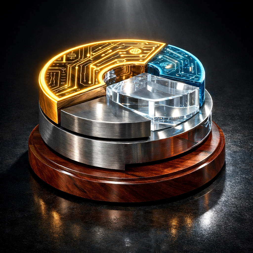 A balanced four-layer stack representing a diversified 2026 passive income investment portfolio.