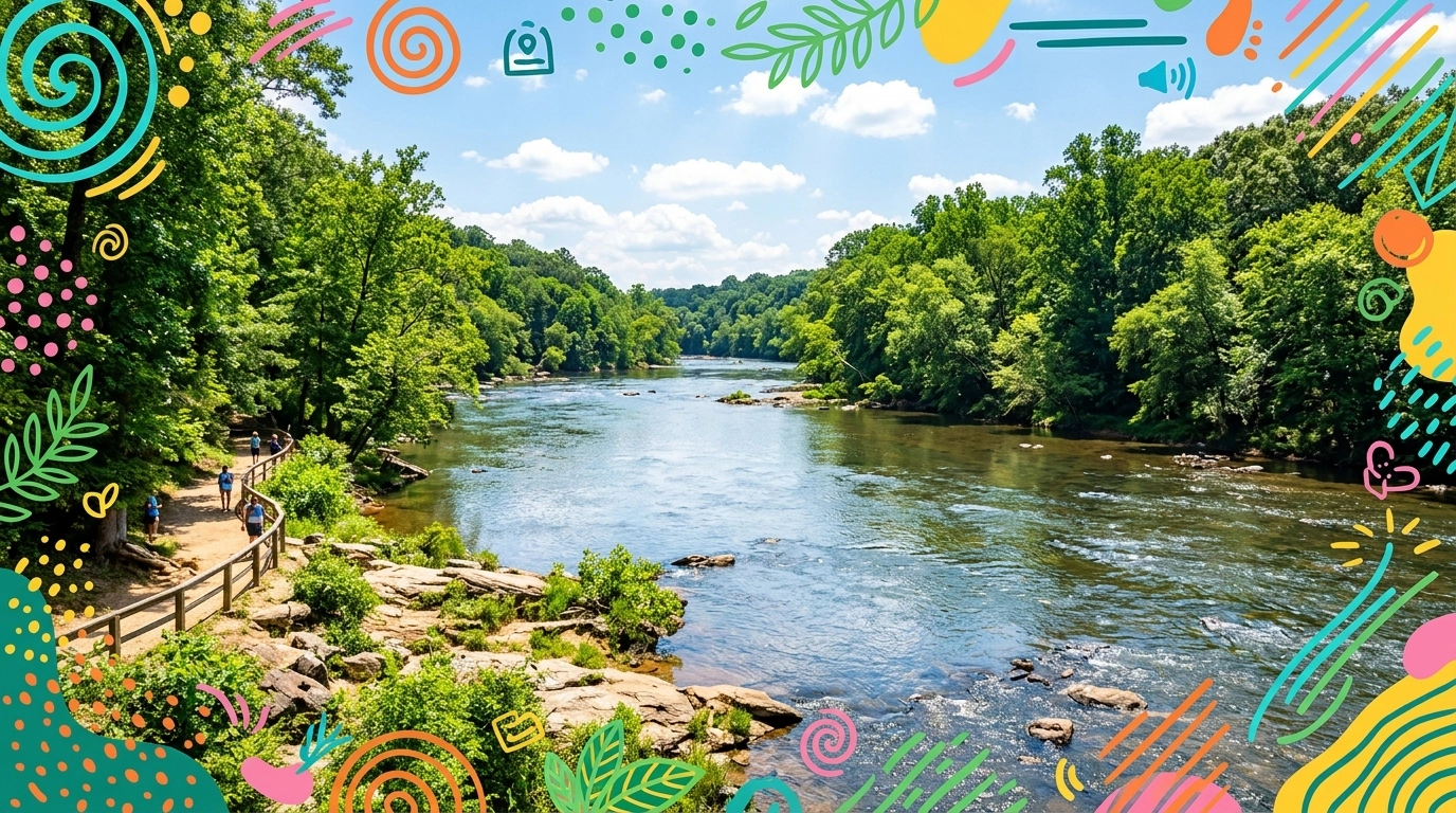 The scenic riverbanks of the Chattahoochee at Paces Mill Park, framed with playful hand-drawn accents.