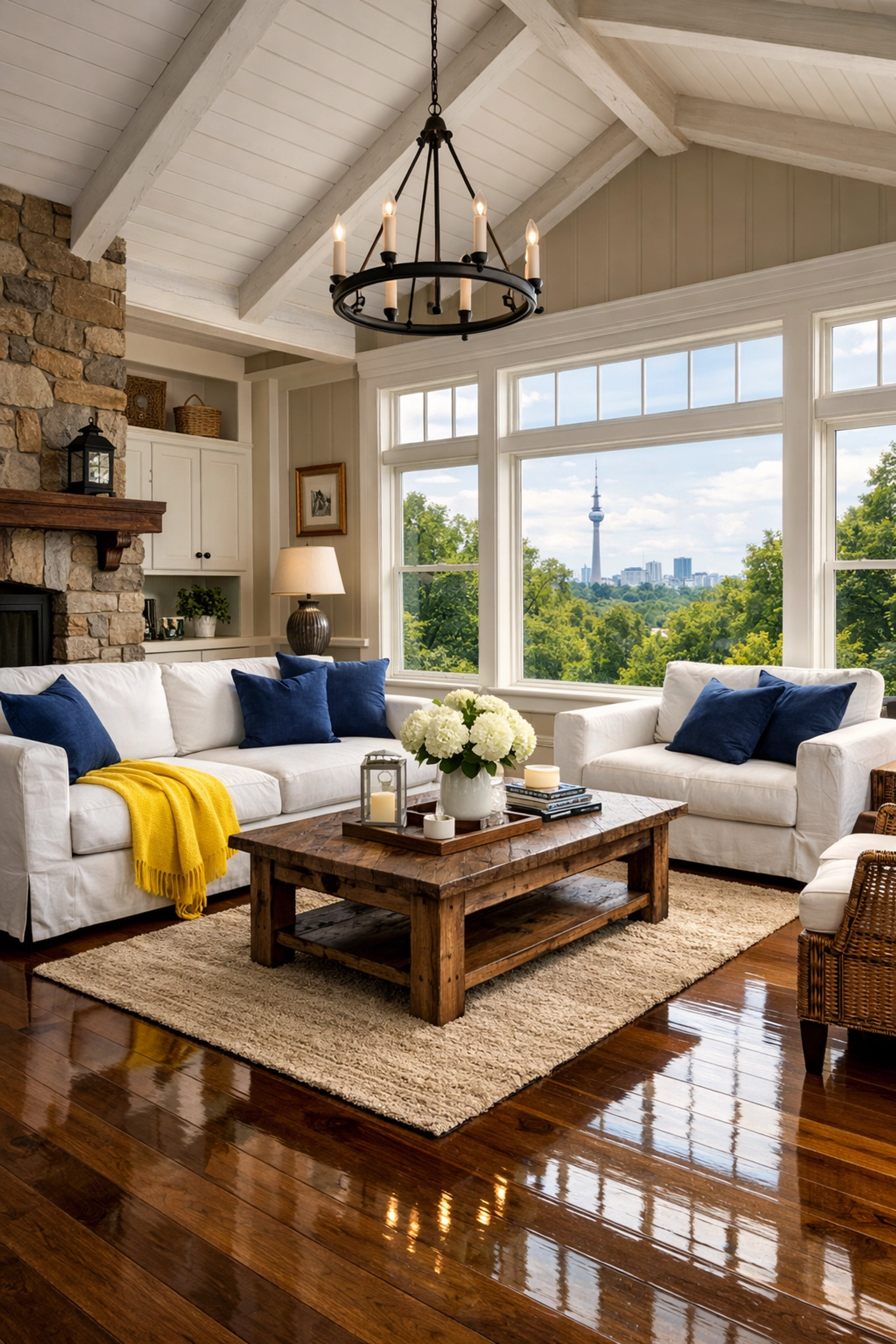Clean living room in Berlin, MA, with polished floors maintained by bi-weekly house cleaning services.