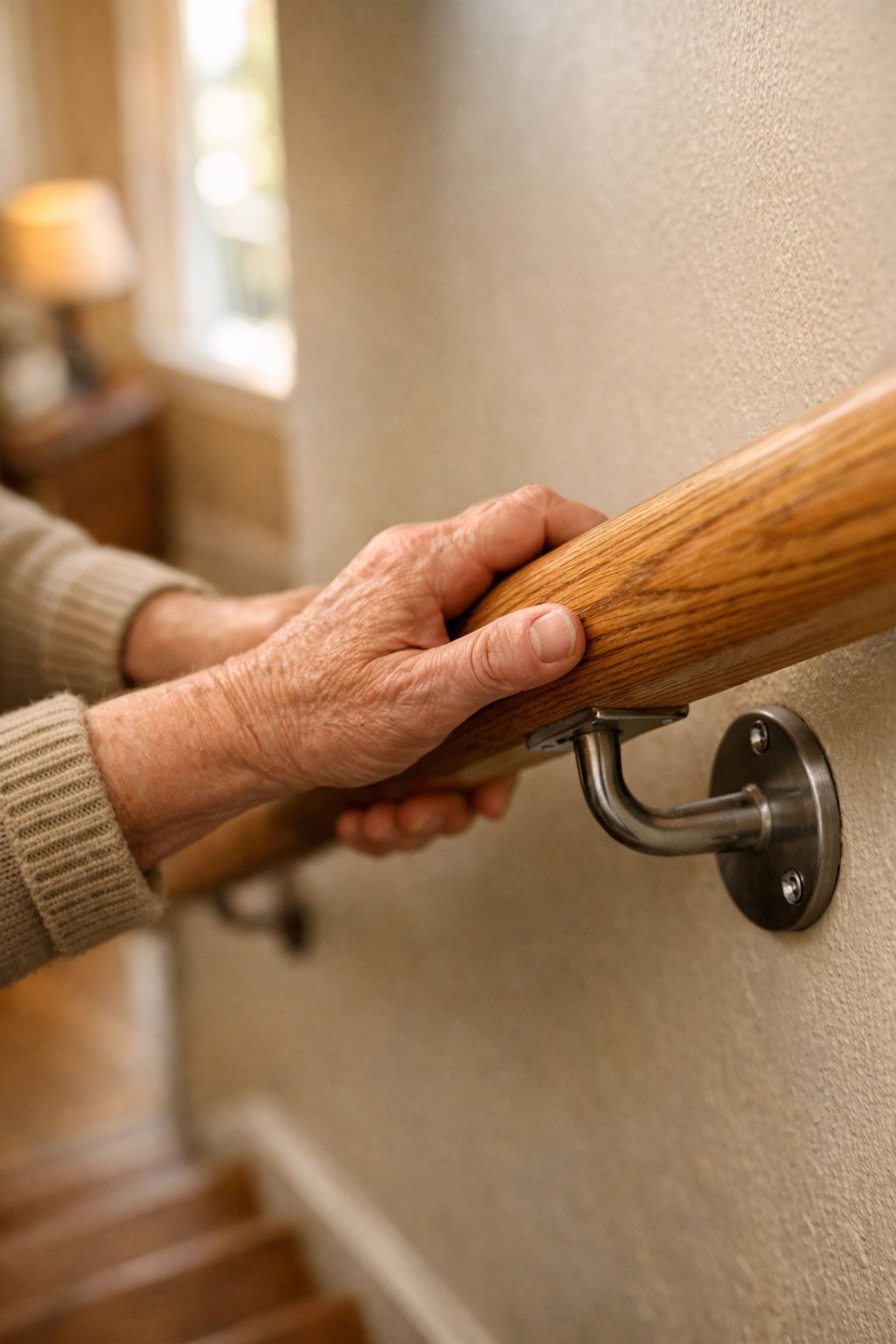 A person’s hands securely gripping a sturdy wooden handrail on a staircase for home safety and stability.