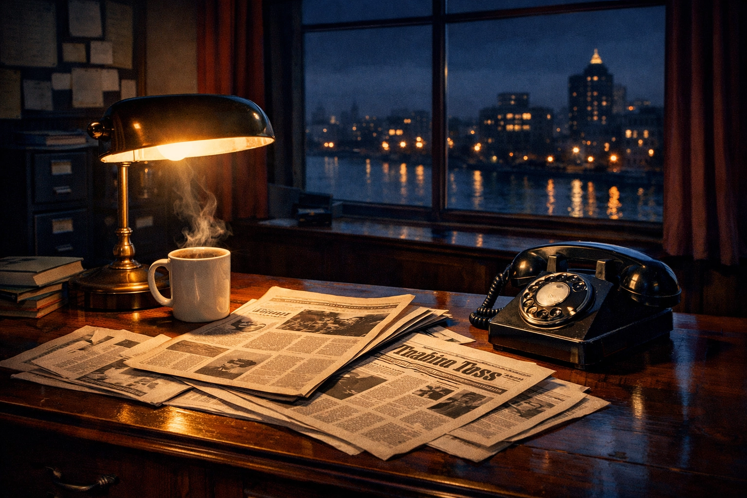 Vintage newsroom desk with newspapers and lamp at night representing calm, trusted journalism