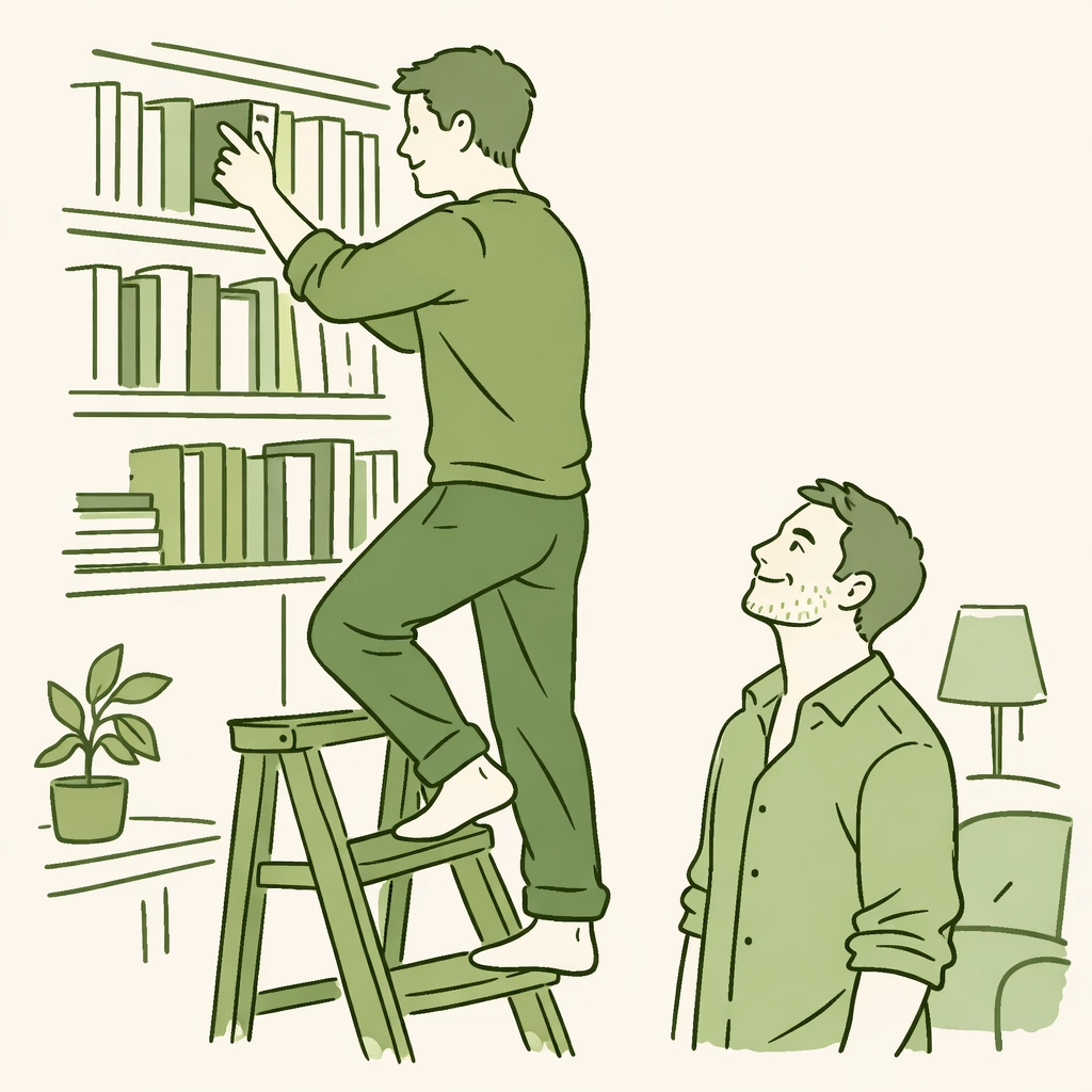 Illustration of two men in a home library, representing a collection of new LGBTQ+ ebook releases.