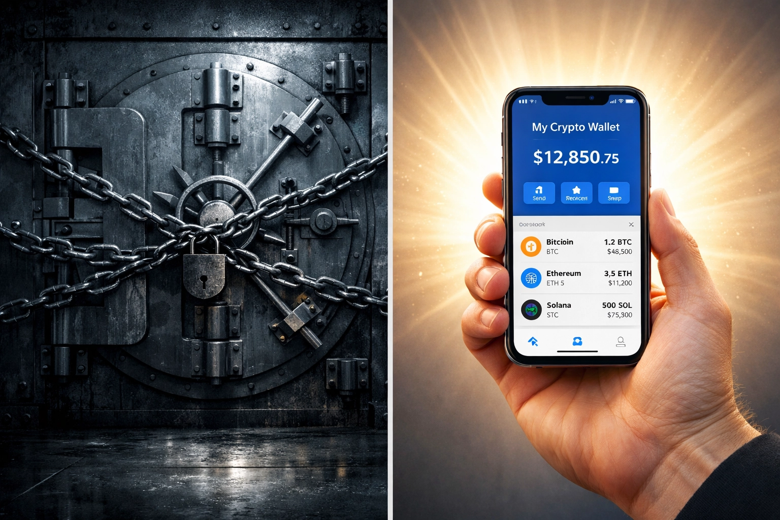Self-custody crypto wallet on smartphone vs traditional bank vault showing merchant payment control