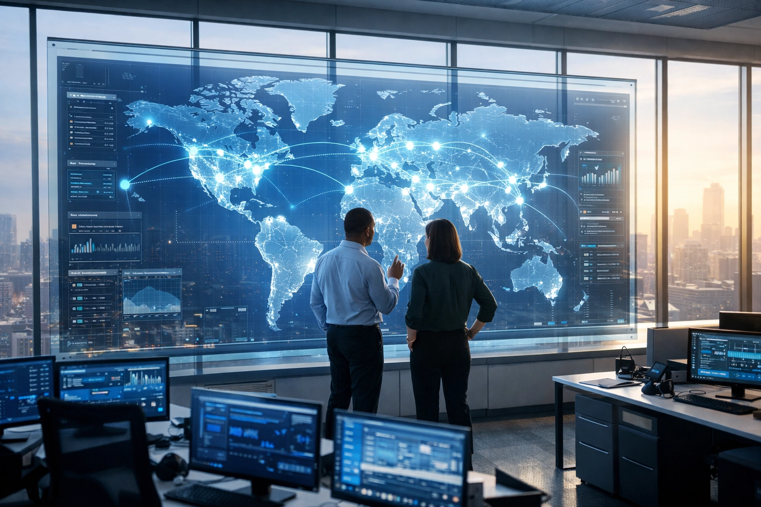 Professionals in a modern IT command center using ServiceNow ITOM for infrastructure visibility and ROI.