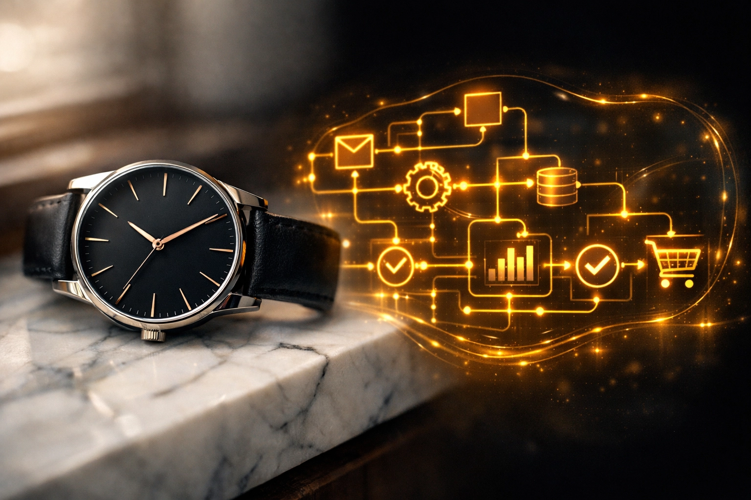 A minimalist watch and digital flowchart representing time saved through automated business workflows.