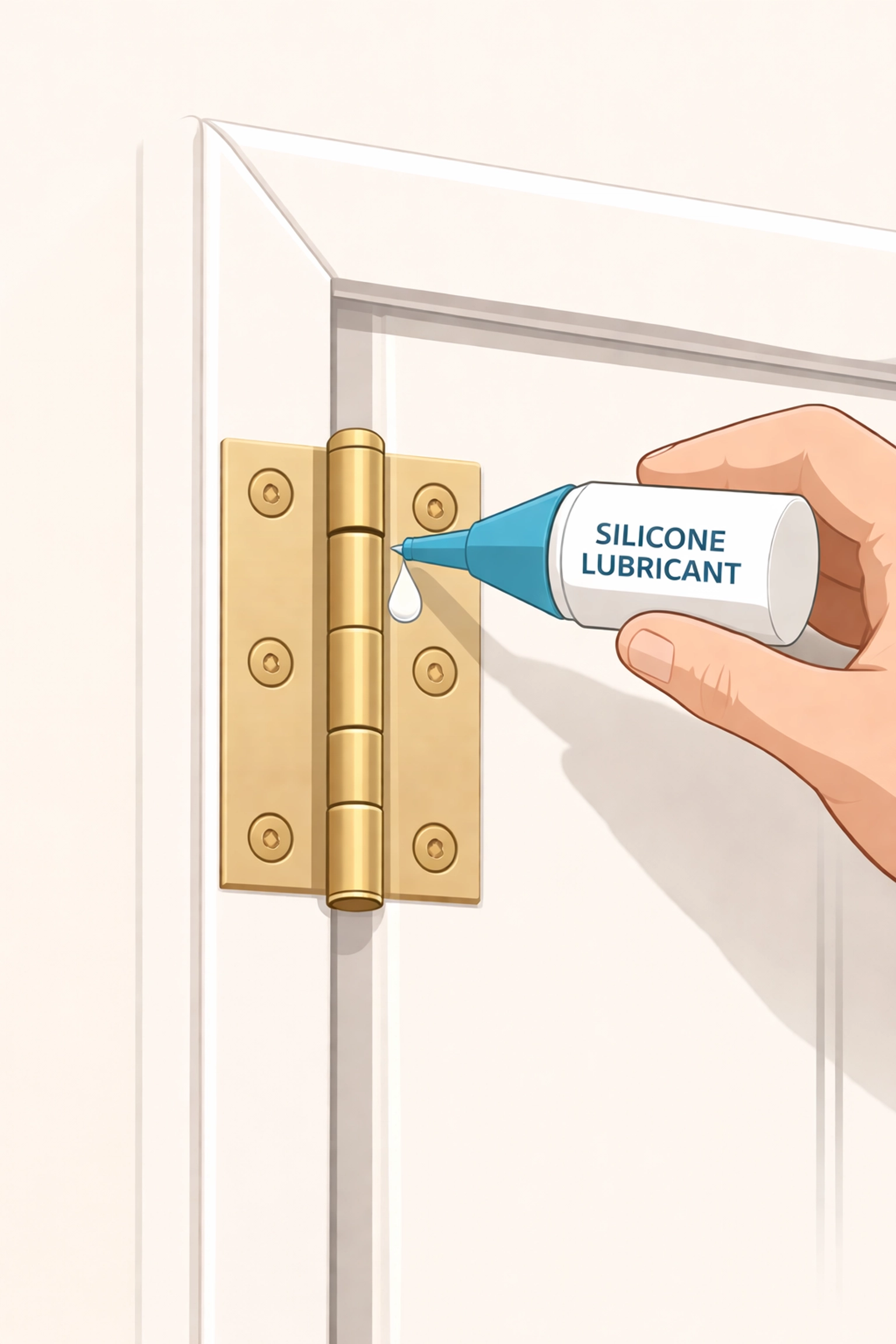 Applying silicone lubricant to a brass door hinge for smooth operation and home maintenance