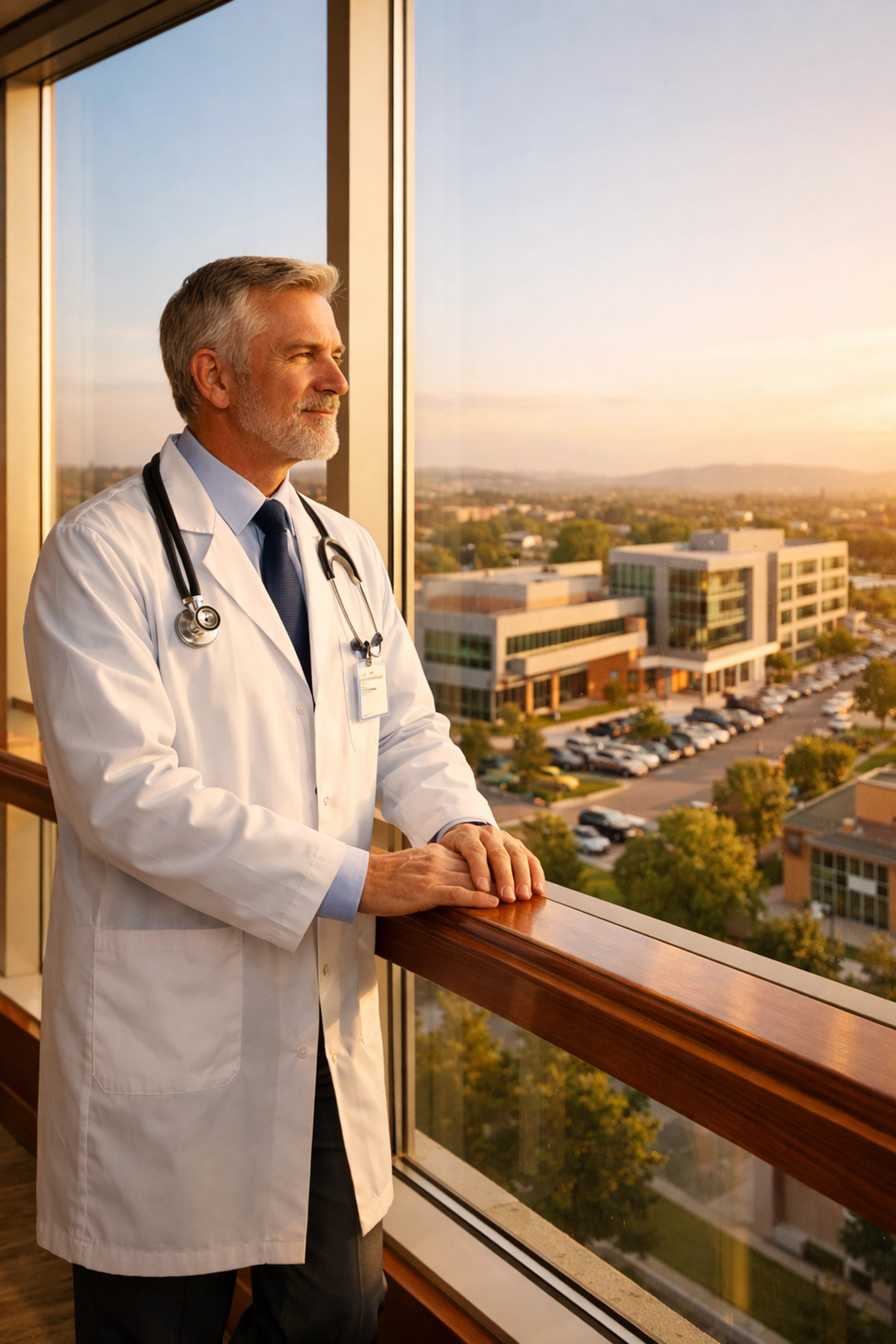 Medical professional looking at suburban developments, planning a healthcare practice expansion.