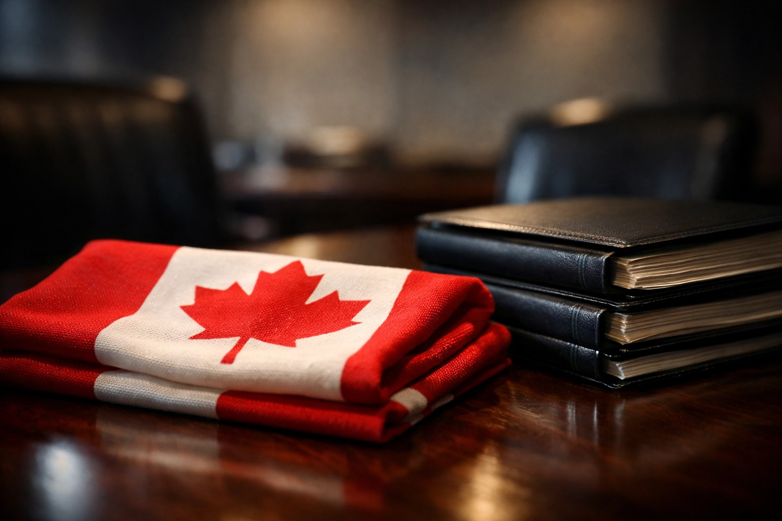 Folded Canadian flag and policy documents in a boardroom, symbolizing shifting immigration and fiscal policies.