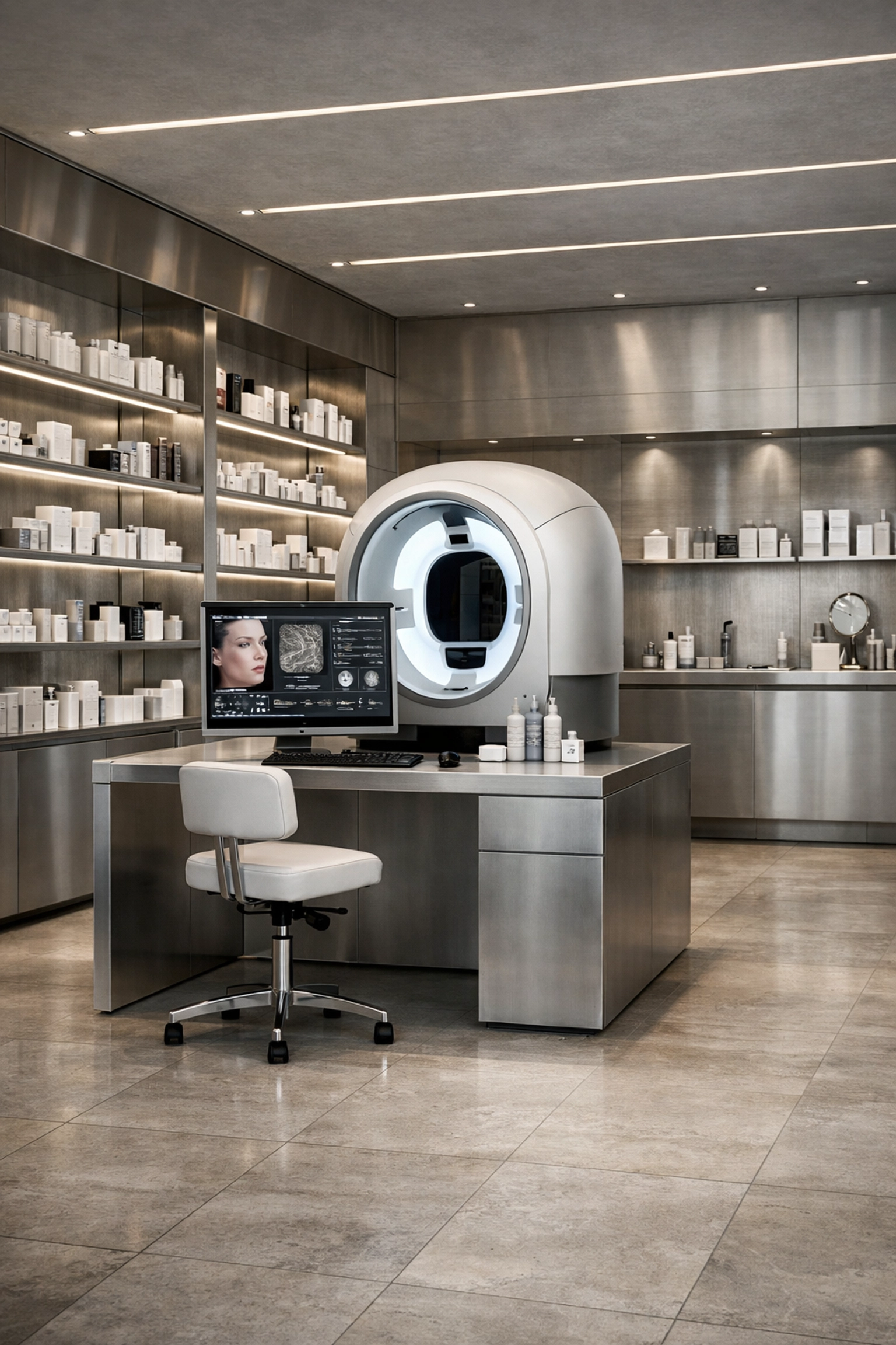 Modern clinical skincare diagnostic station at a premium retail store for IOPE’s US market debut.