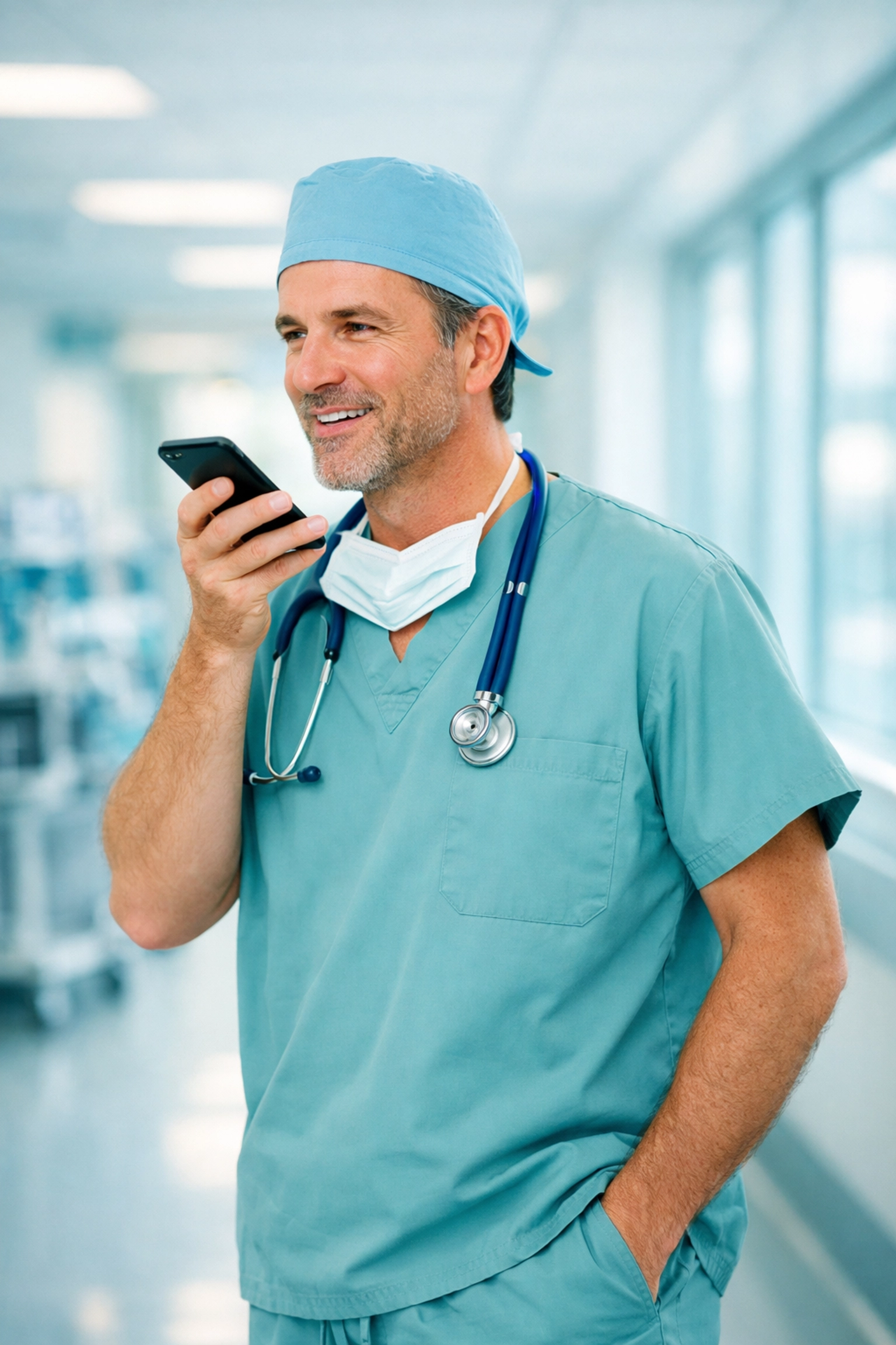 Orthopedic surgeon dictating clinical notes on smartphone using AI documentation in hospital corridor