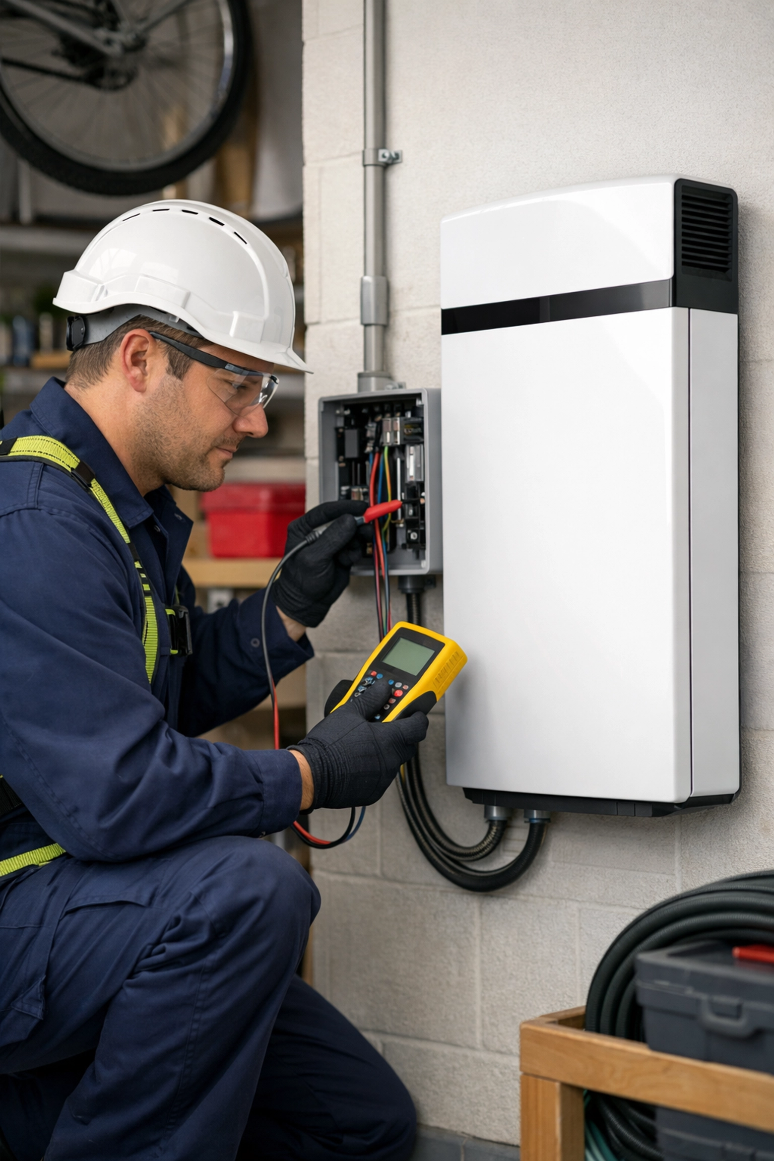 Professional UK solar technician inspecting a Tesla Powerwall 3 battery for a certified solar installation.