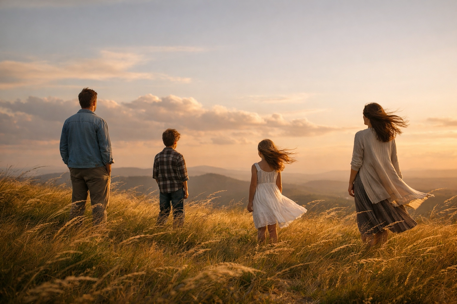 Family observing wind direction on hilltop for proper ash scattering ceremony positioning