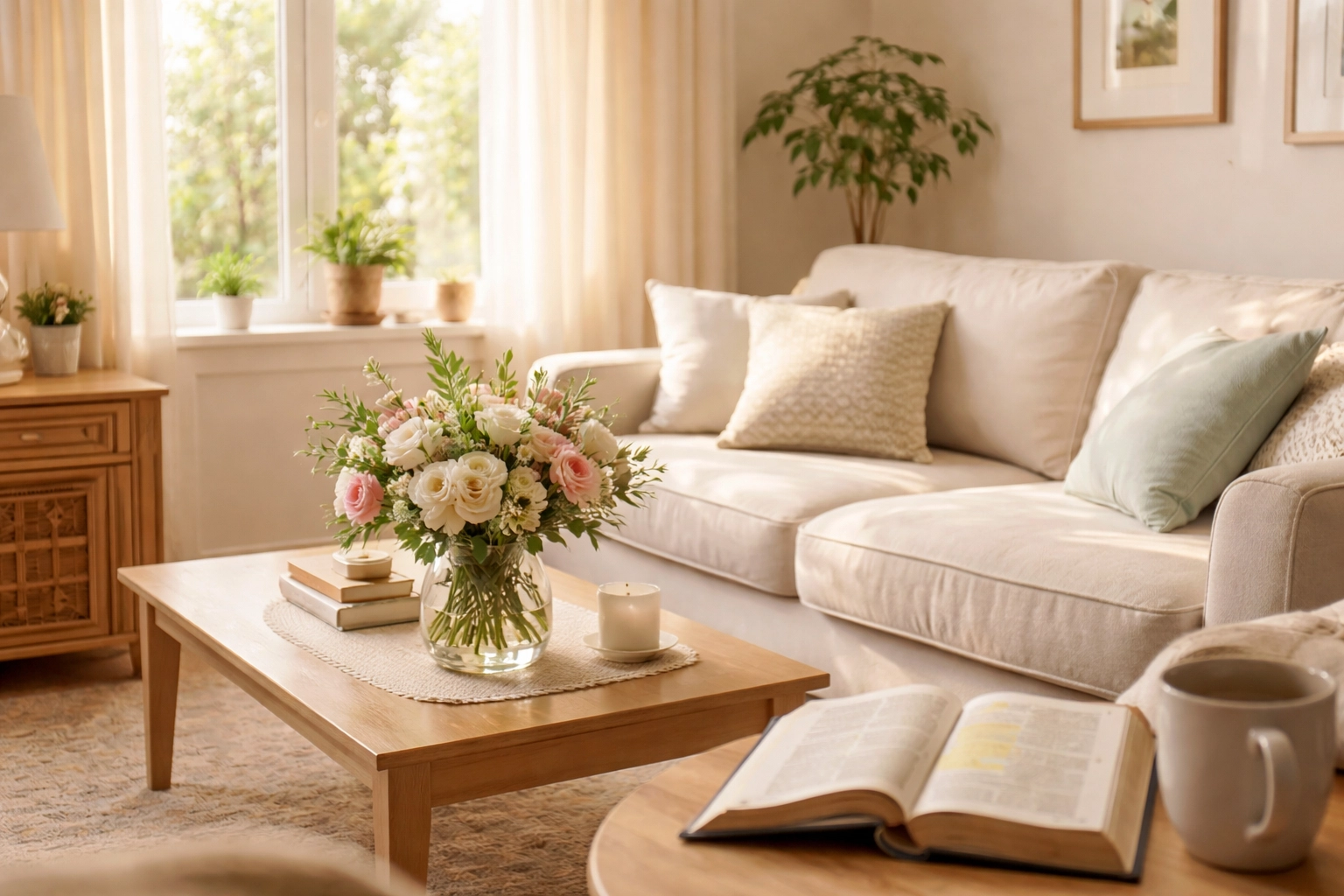 Clean, sunlit living room with open Bible, representing peace after deliverance from household witchcraft