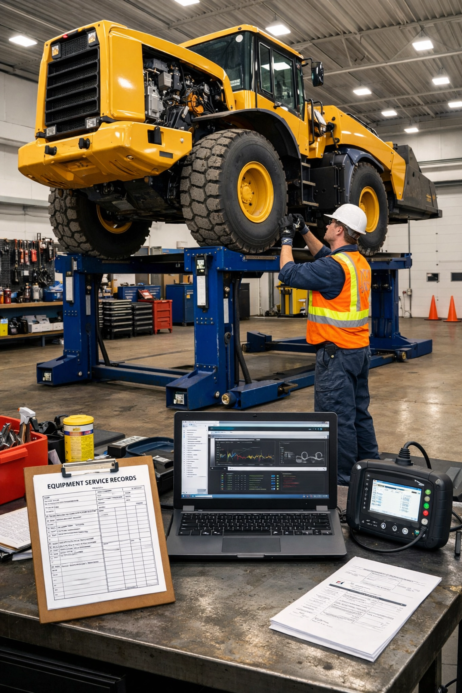 Technician performing scheduled maintenance on heavy machinery in service bay