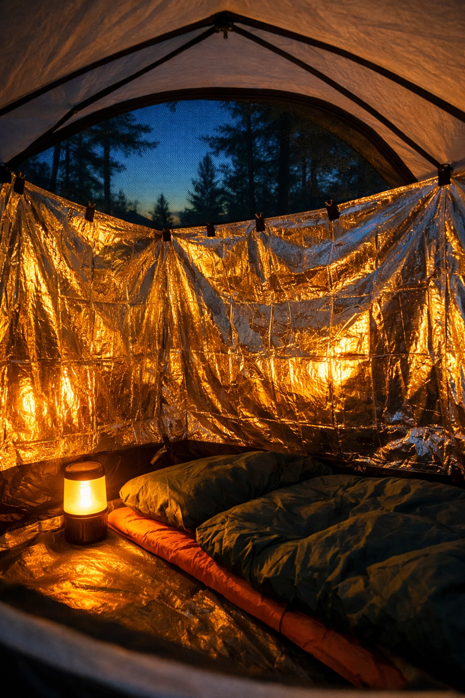 Using a Mylar blanket to reflect heat and insulate the interior of a camping tent in the UK.