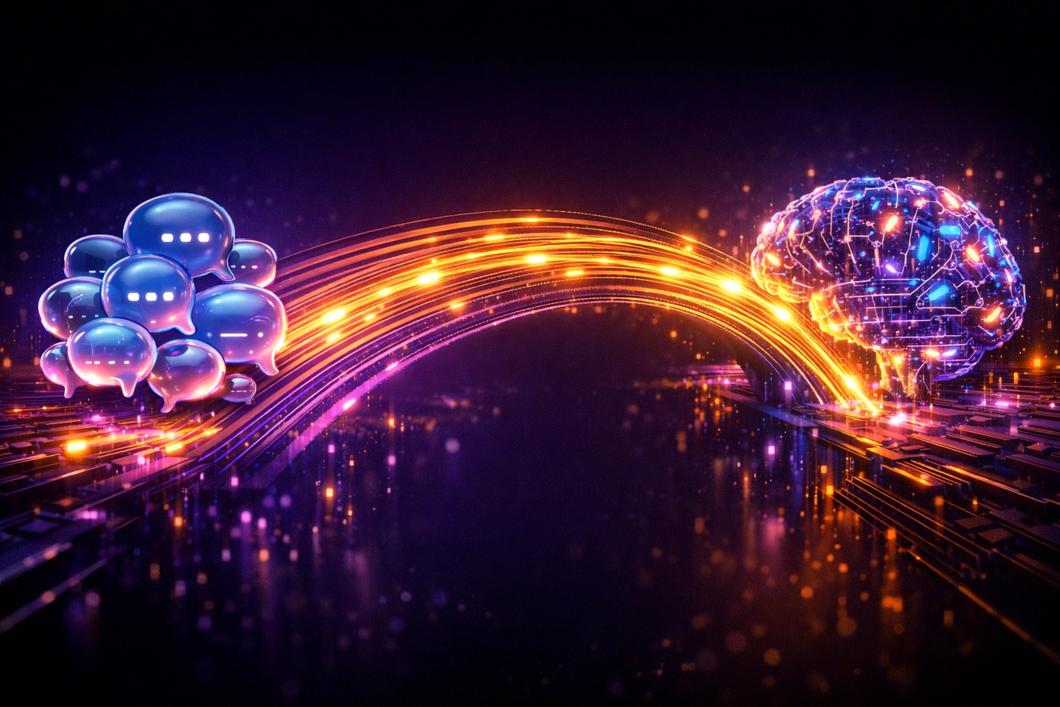 Visual representation of a digital bridge sending WhatsApp messages to an AI brain for instant processing.