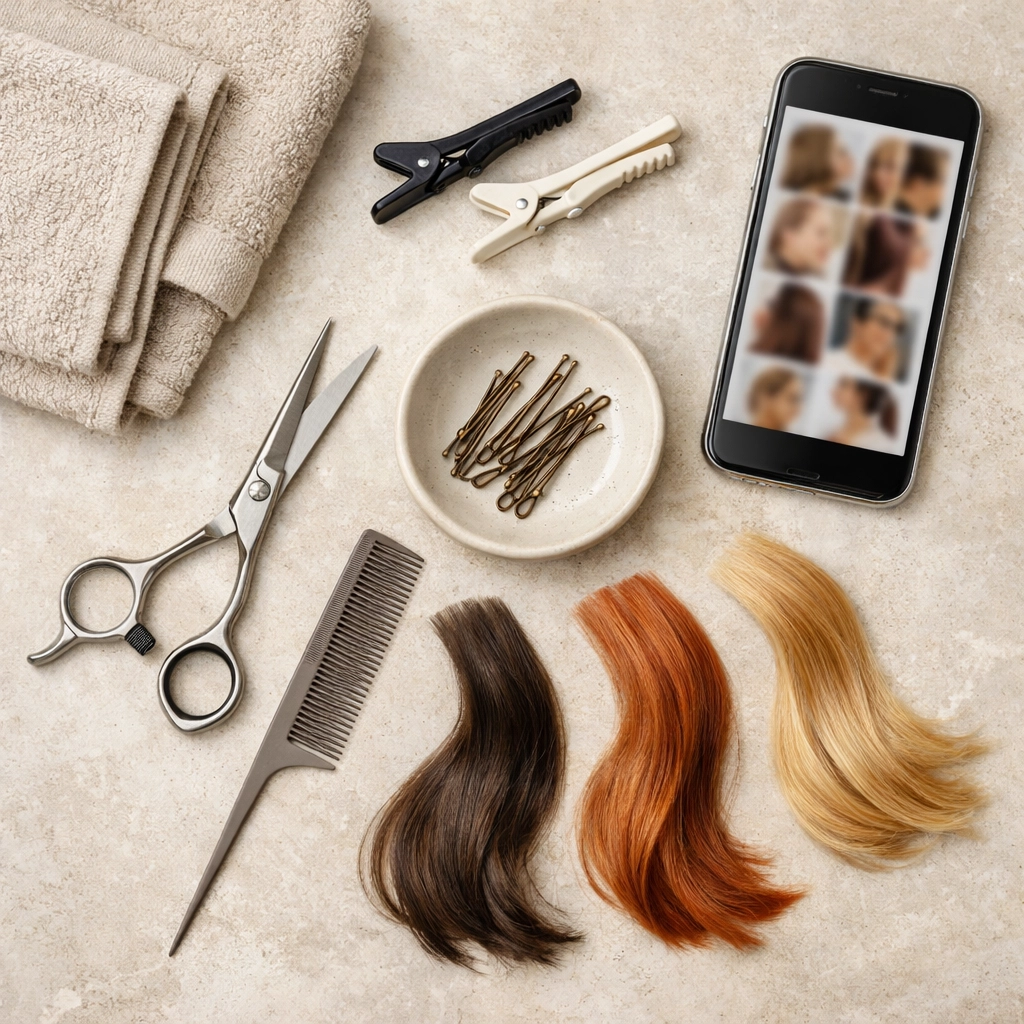 Professional styling tools and color swatches for a hair transformation at our Concord NH salon.