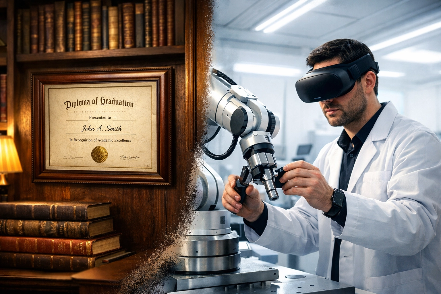 A split view of a traditional university diploma and a modern lab technician using VR for skills-based training.