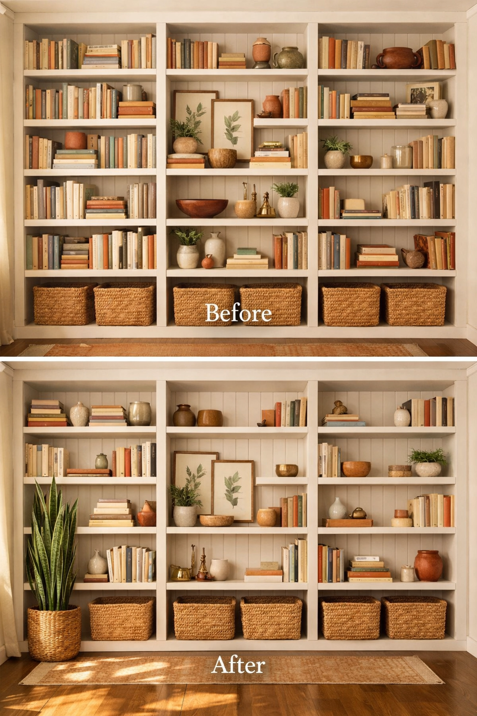 Full bookshelf with negative space, mixed book arrangements, plants and decorative objects