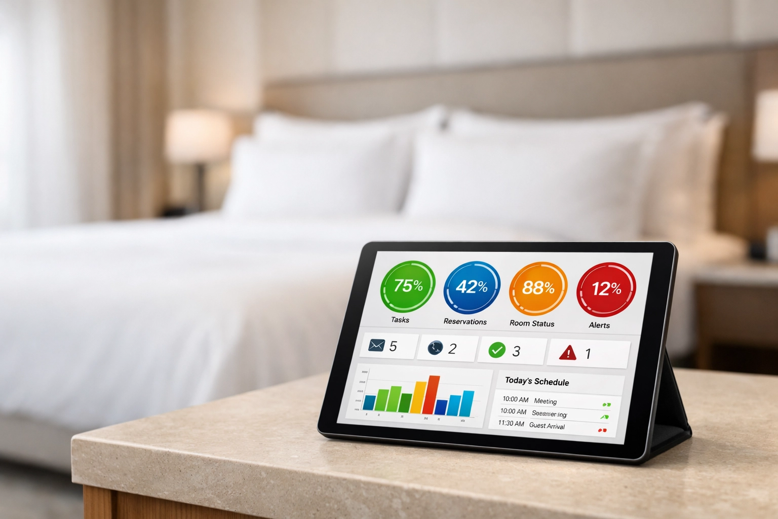 Housekeeping management dashboard on a tablet showing real-time room status in a luxury suite.