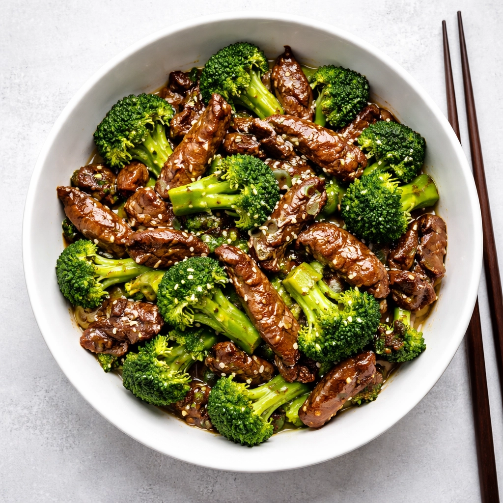 Finished keto beef and broccoli stir-fry in a white bowl, topped with sesame seeds and spring onions, ready to serve