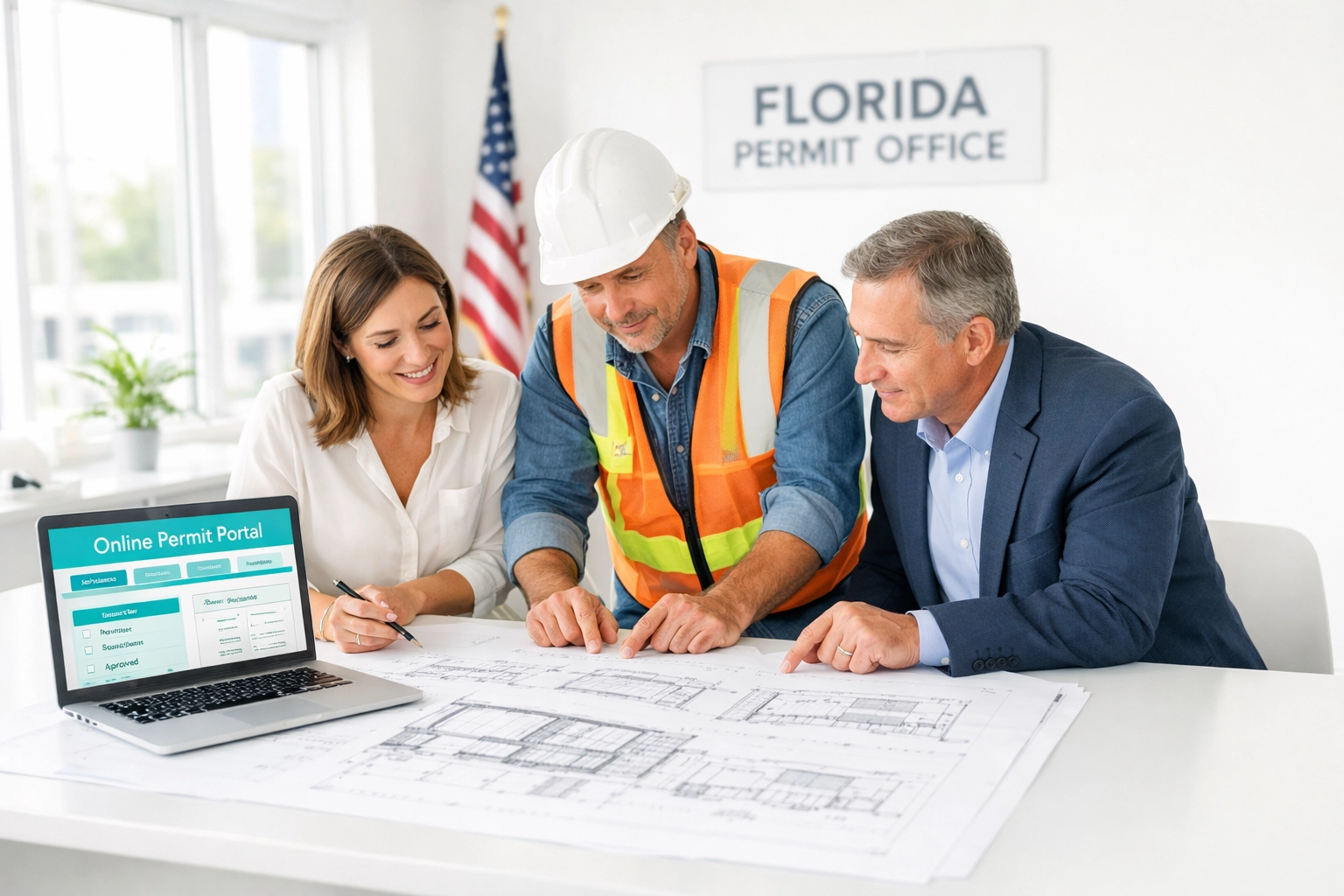 Florida building officials reviewing commercial permit plans and architectural drawings in office