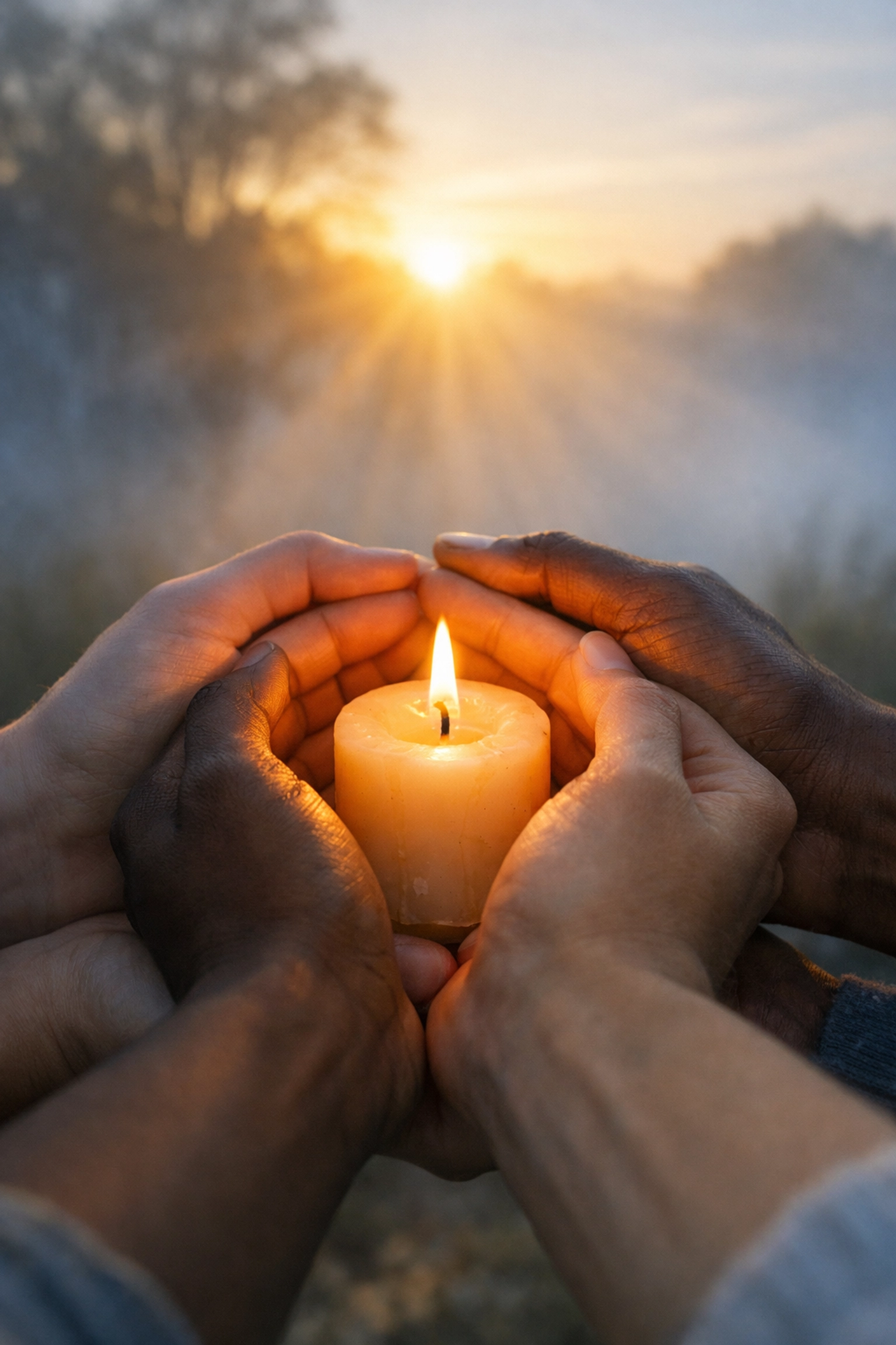 Hands holding candle in morning light symbolizing hope and peace amid news anxiety