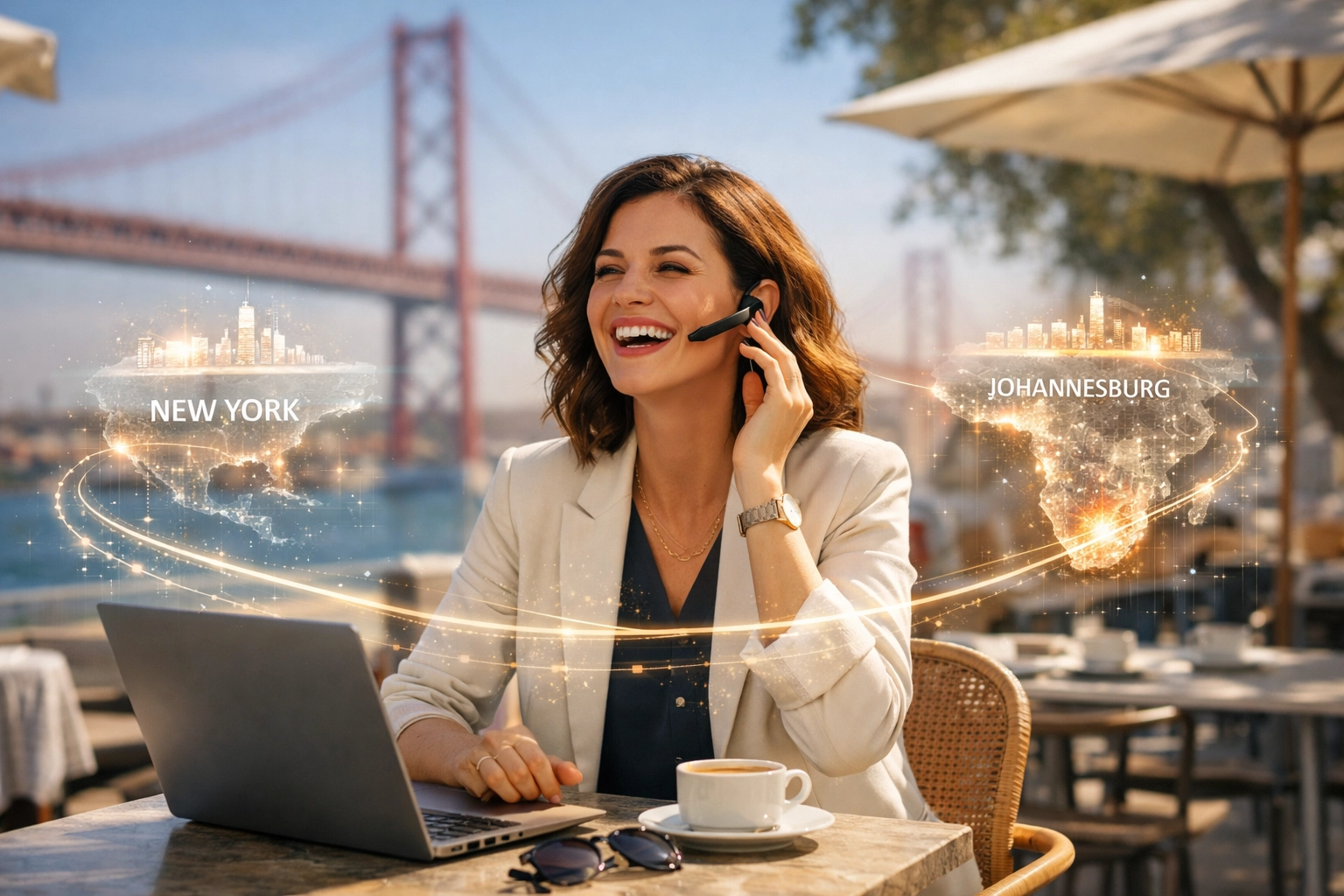 Multilingual remote professional in Lisbon utilizing AI-augmented language skills for business.