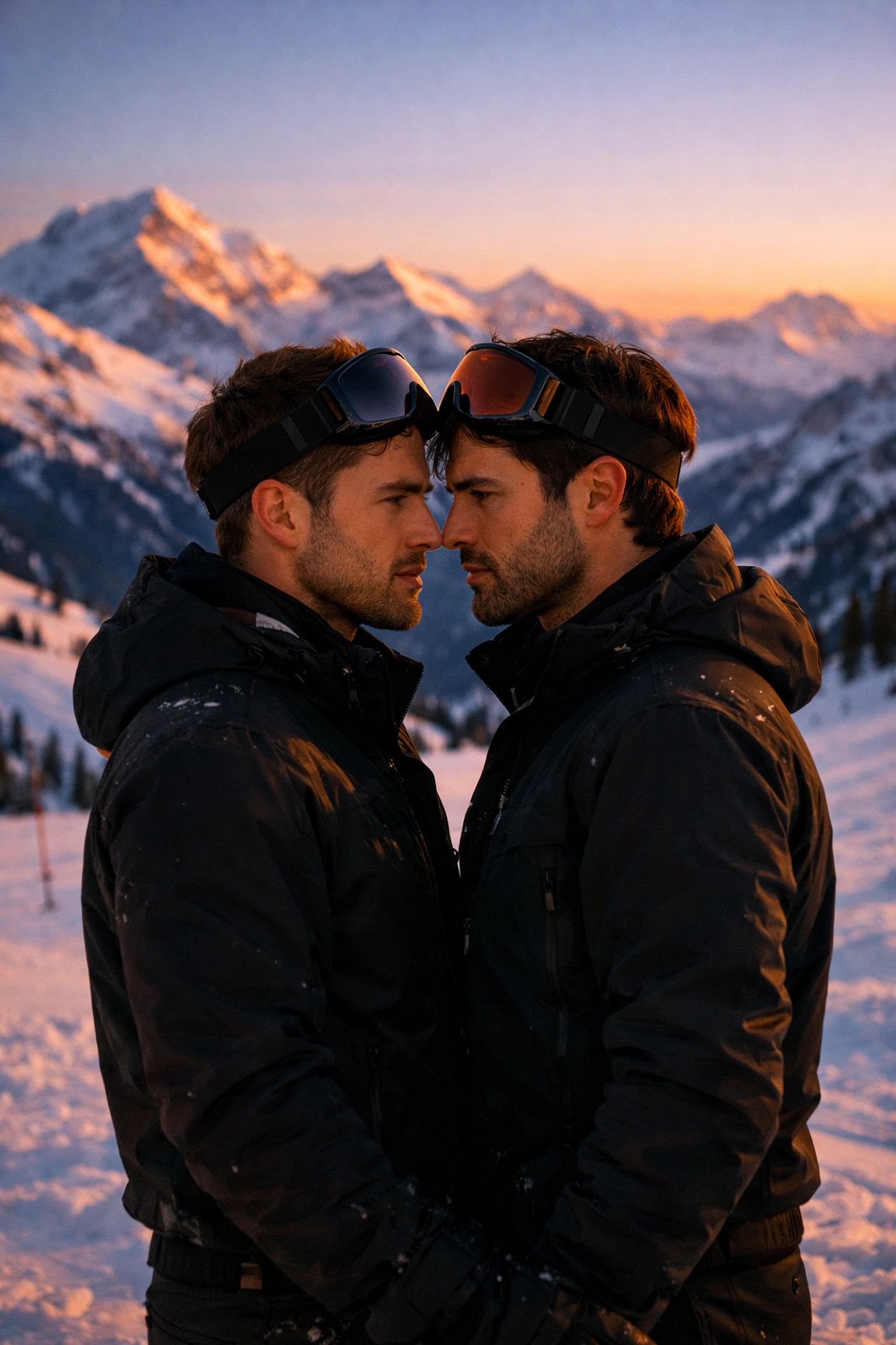 Two men share an intimate moment on Swiss ski slopes in gay romance novel setting