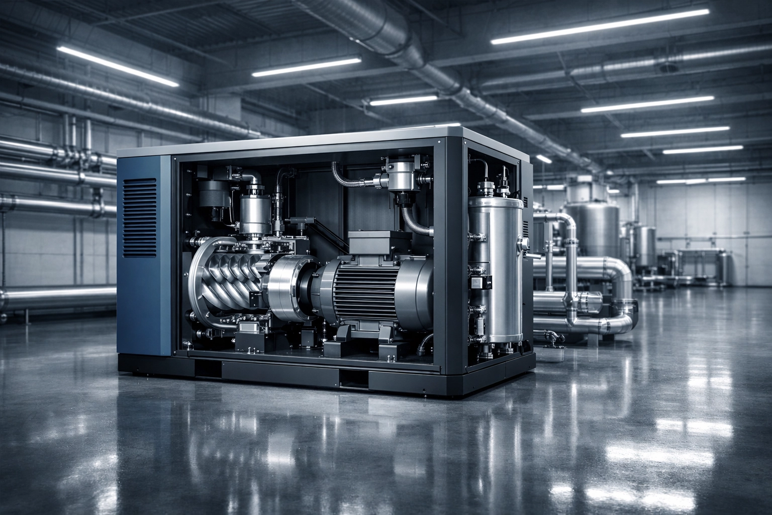 Modern industrial air compression system featuring an energy-efficient screw compressor in a clean-room factory.