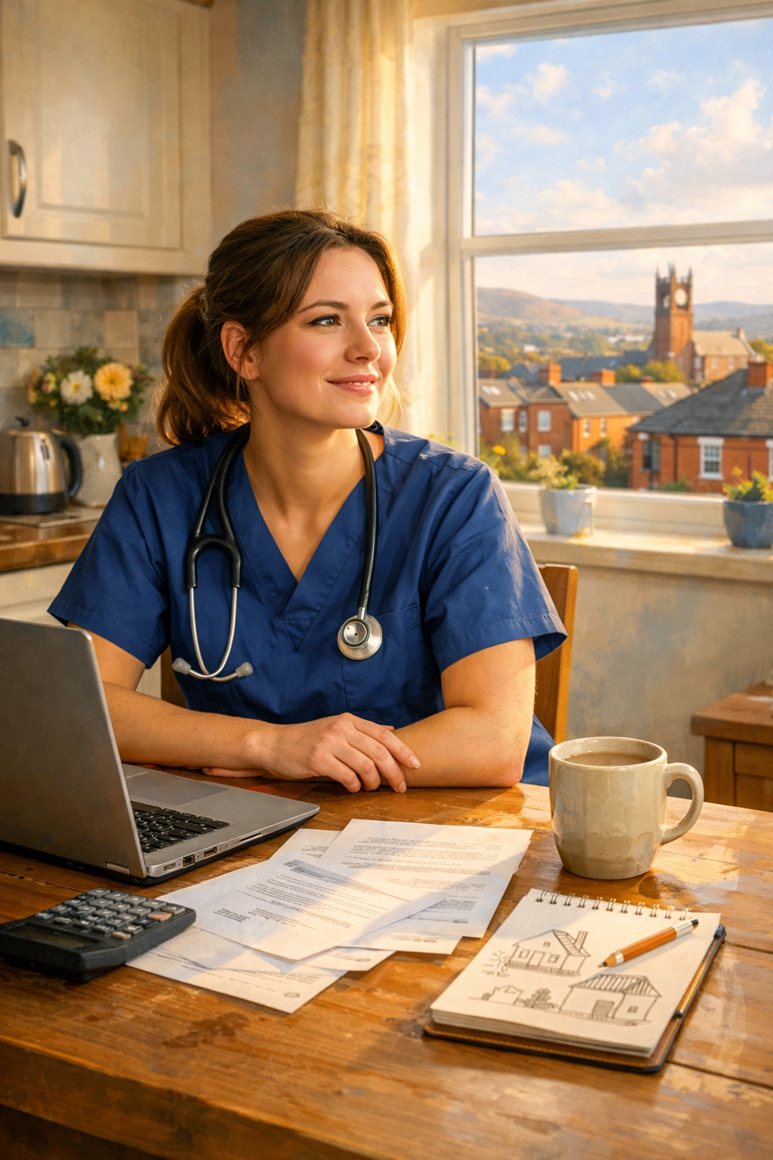 Nurse planning first home purchase with laptop and mortgage calculations at kitchen table