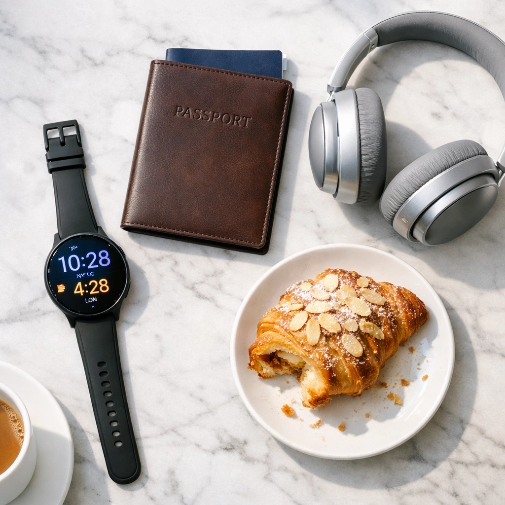 Travel essentials and dual-time smartwatch on a cafe table for managing Terre Haute time.