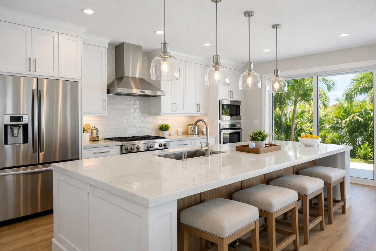 Modern renovated Orlando kitchen with white cabinets and quartz countertops showing high ROI