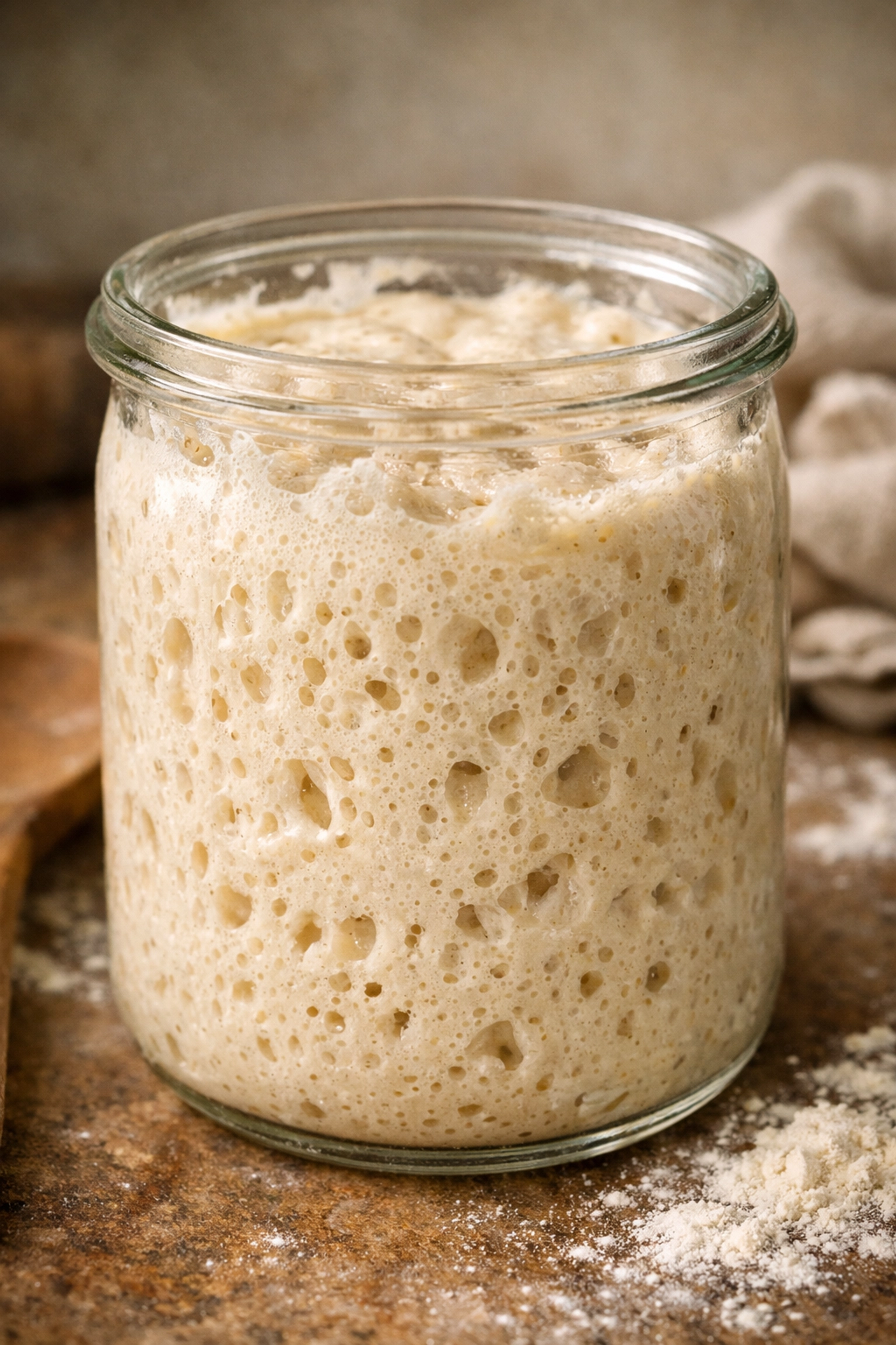 Active sourdough starter bubbling in jar showing traditional fermentation process at Laila's bakery