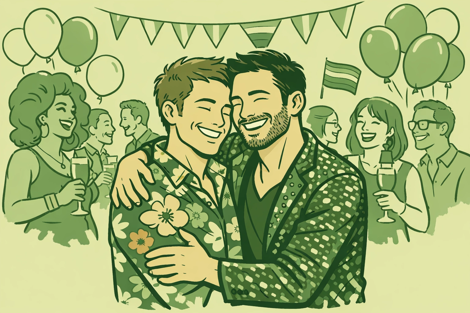 Gay couple celebrating at drag brunch surrounded by LGBTQ+ community and pride decorations