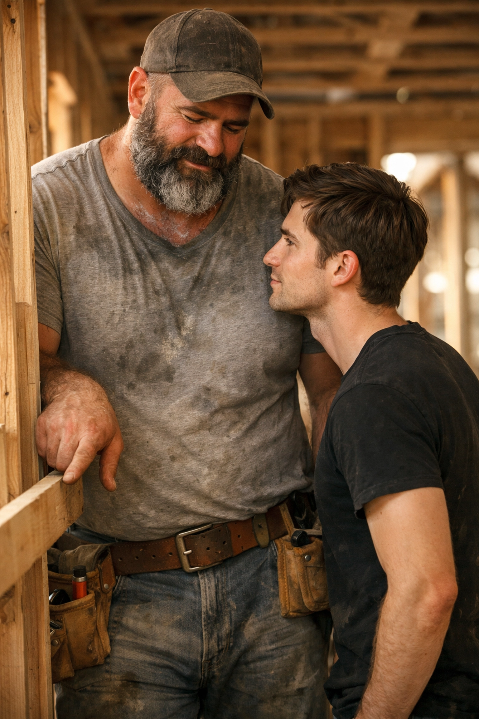 A burly bear builder standing close to a smaller man on a construction site, illustrating MM romance tropes.