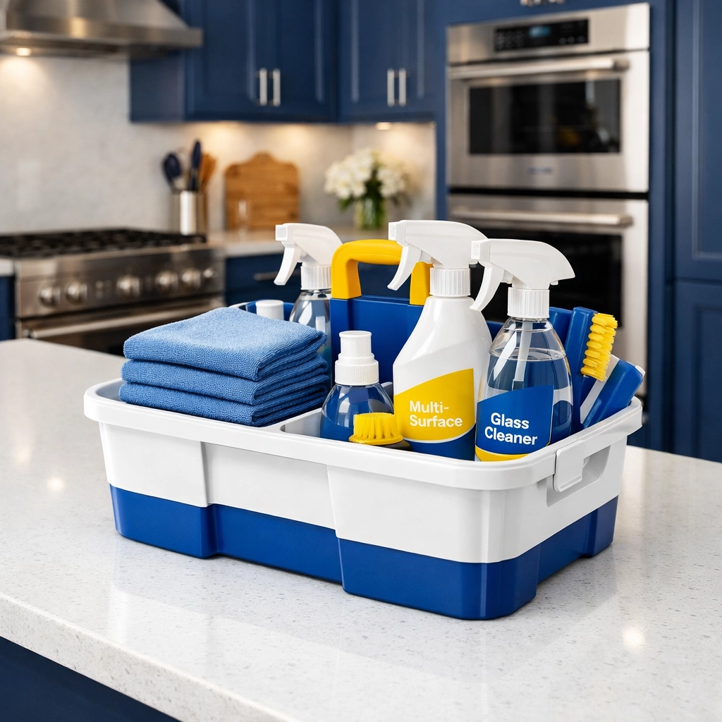 Professional deep cleaning caddy with supplies on a clean kitchen island in Dunstable.