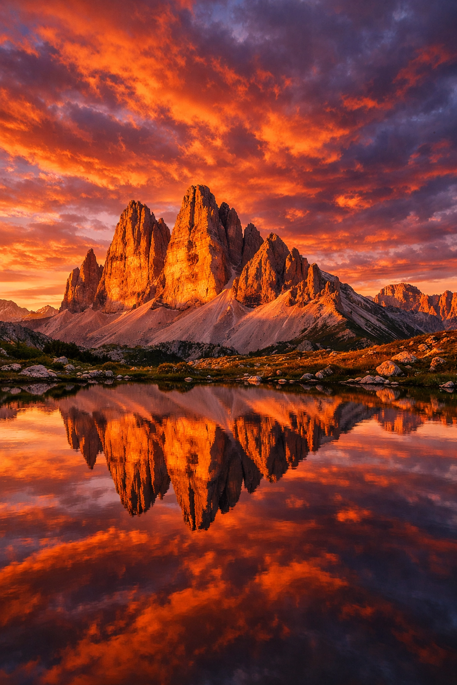 Dramatic sunset in the Dolomites showcasing realistic sky replacement with Sky AI technology.