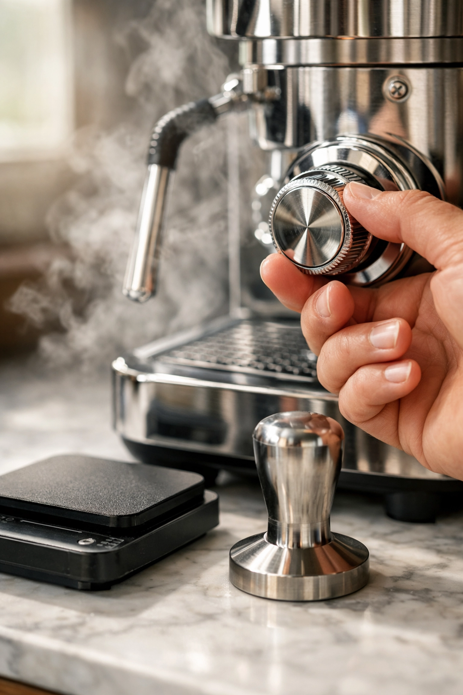 Barista adjusting settings on a professional espresso machine to ensure quality in a new coffee shop set up.