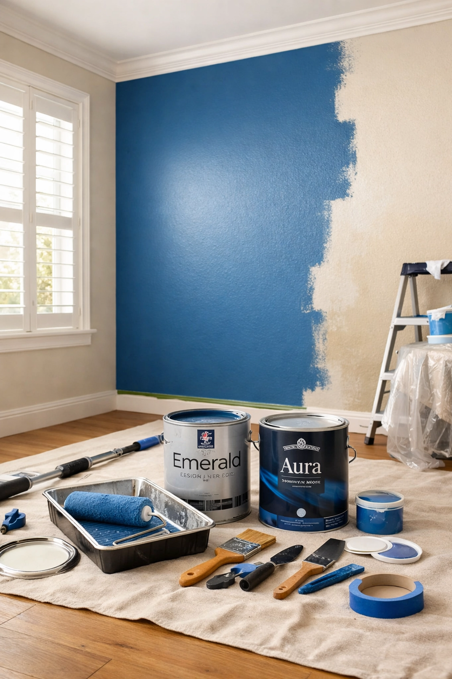 Interior painting Orlando transformation showing freshly painted coastal blue accent wall