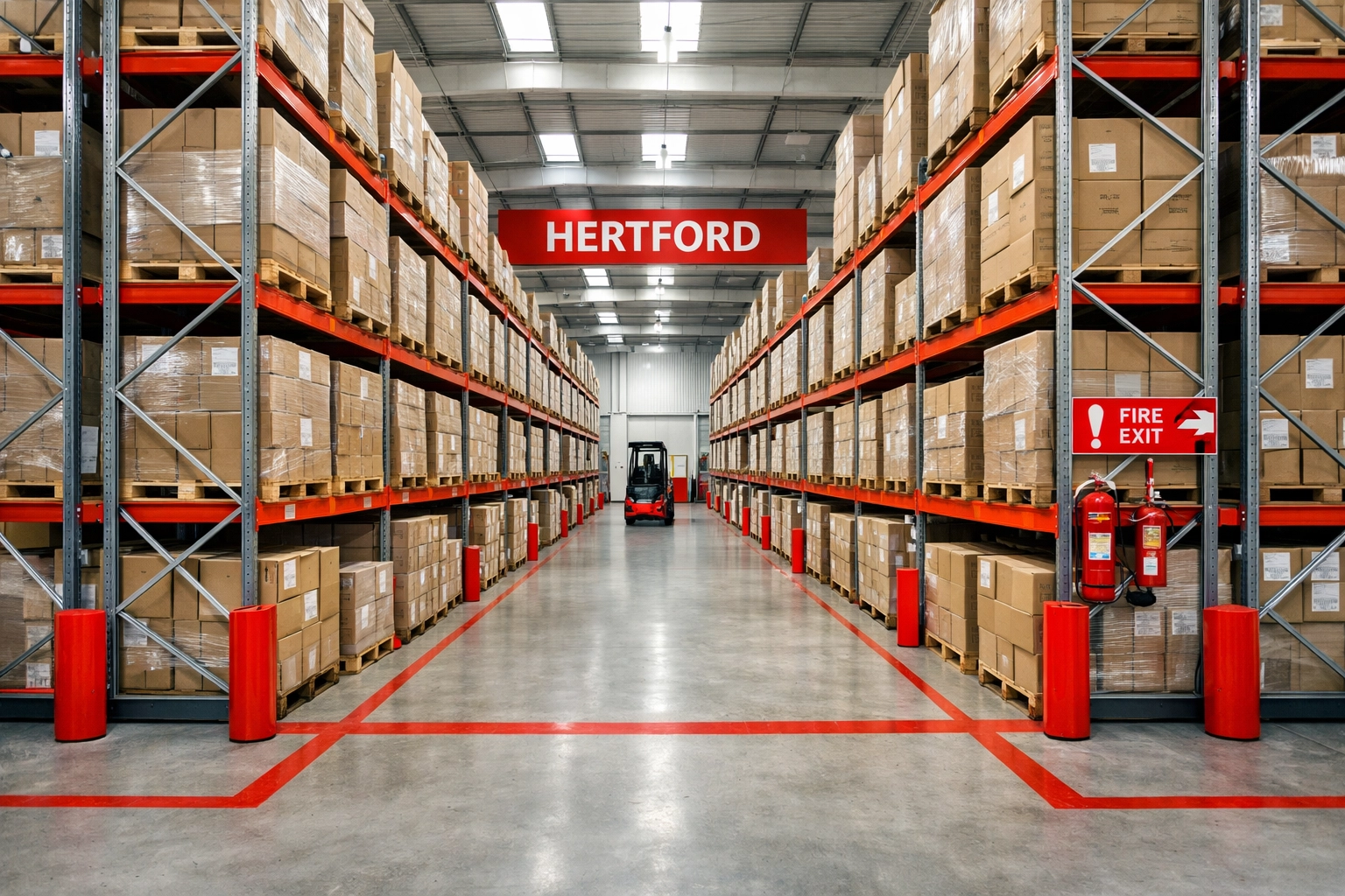 Modern warehouse storage facility in Hertford with organized pallets for London startup inventory