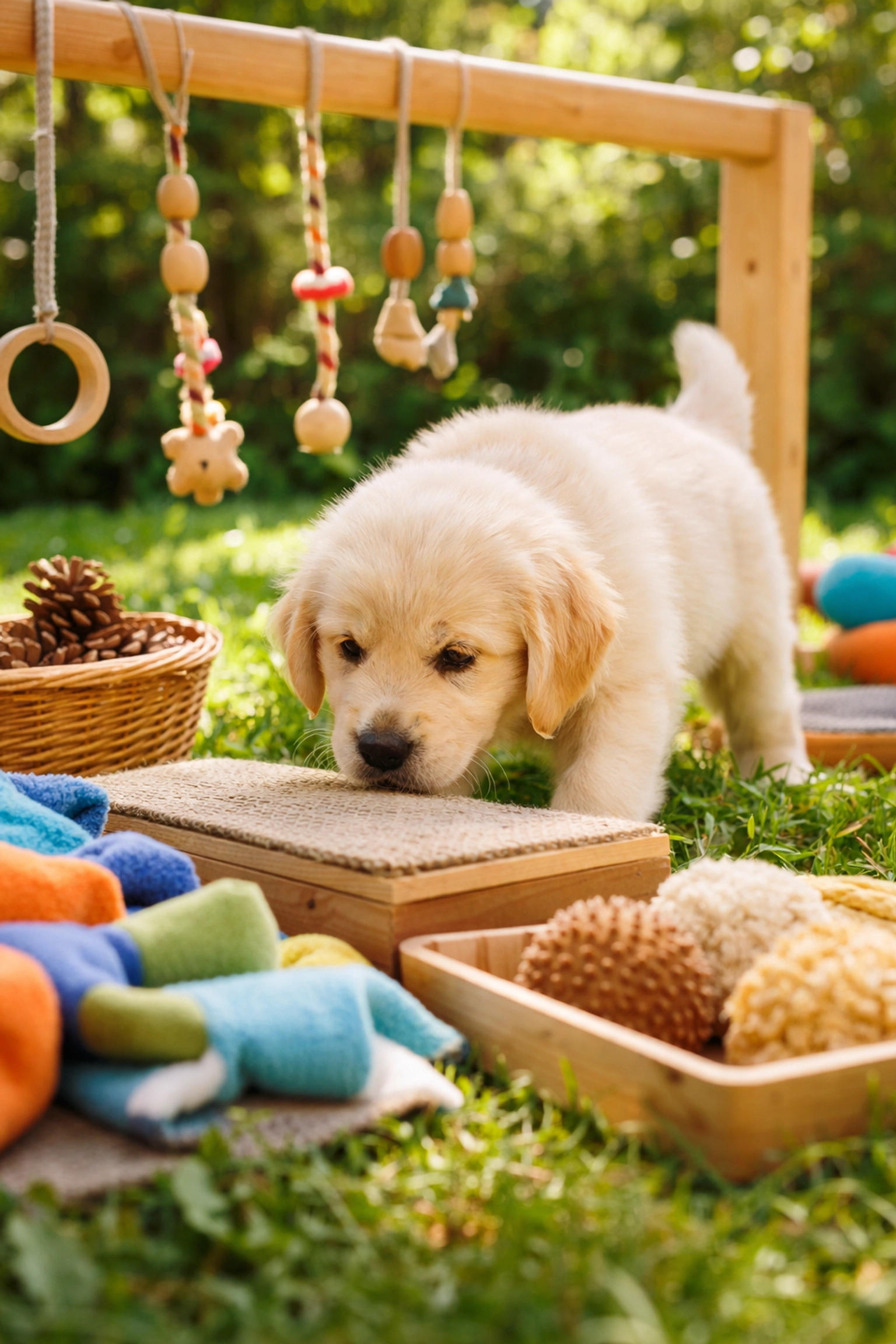 Young Golden Retriever puppy during early socialization exploring sensory enrichment outdoors