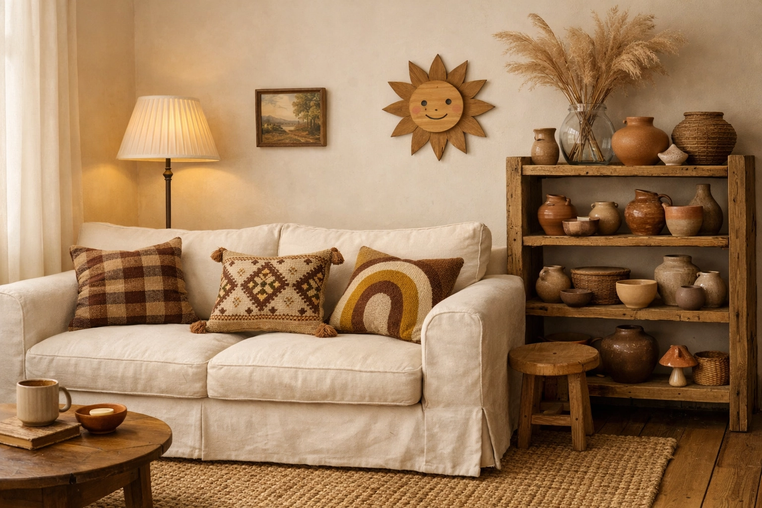 Neutral sofa with artisan-made patterned pillows illustrating the Hollywood Cottage home decor style.