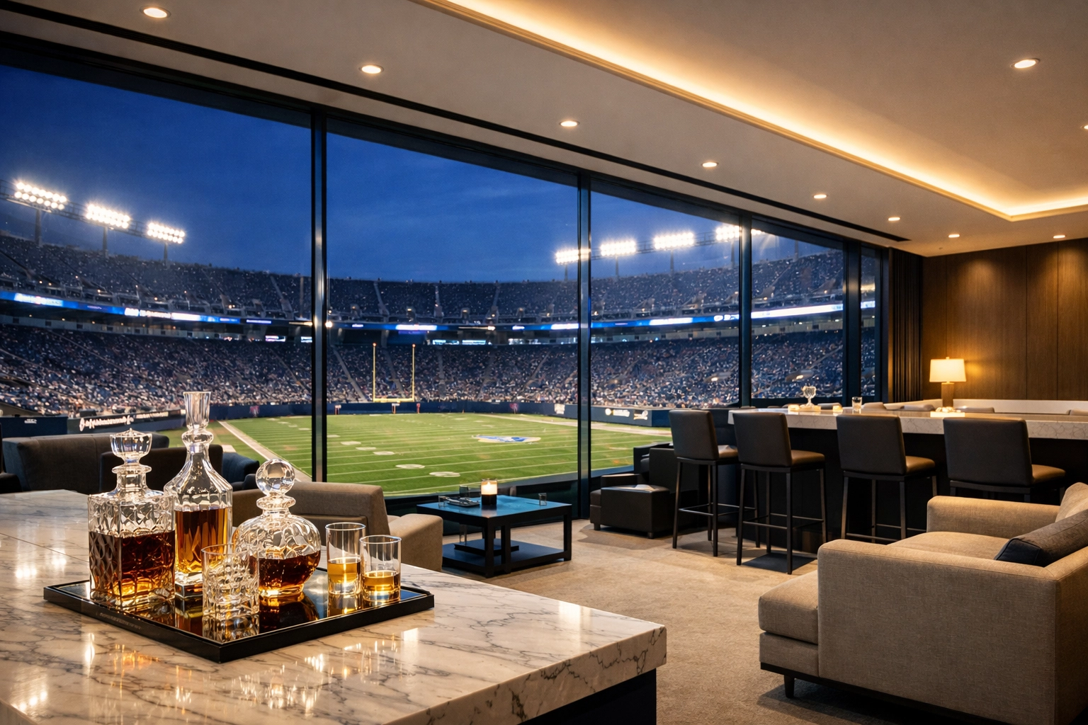 Luxury stadium lounge with modern furniture overlooking the field for elite Super Bowl corporate hospitality.