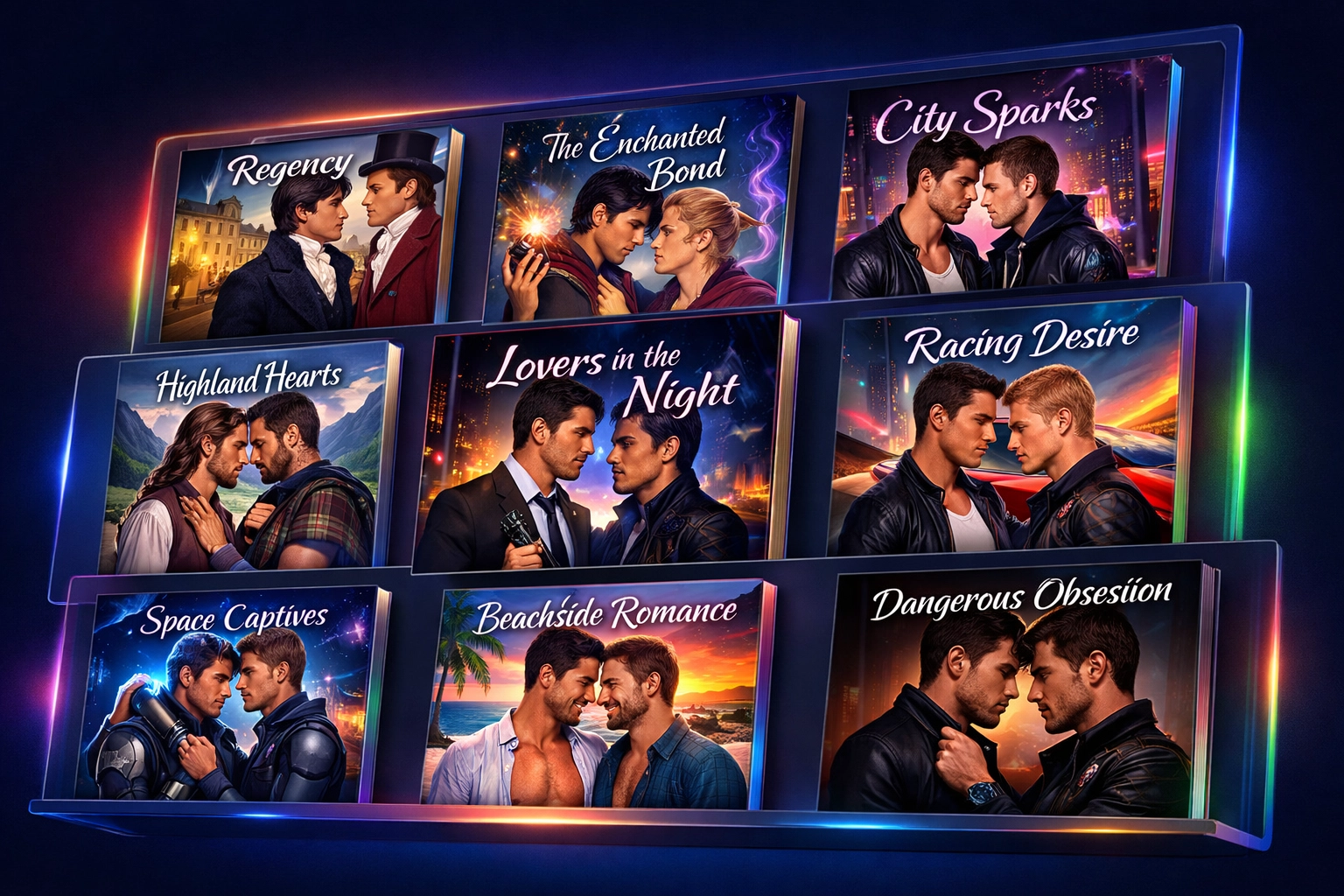 Curated digital library showcasing diverse MM romance and LGBTQ fiction book covers