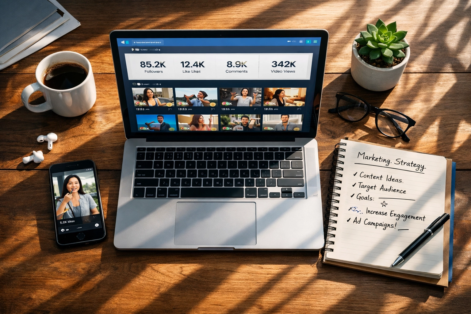 Video strategy workspace showing social media video metrics and content planning