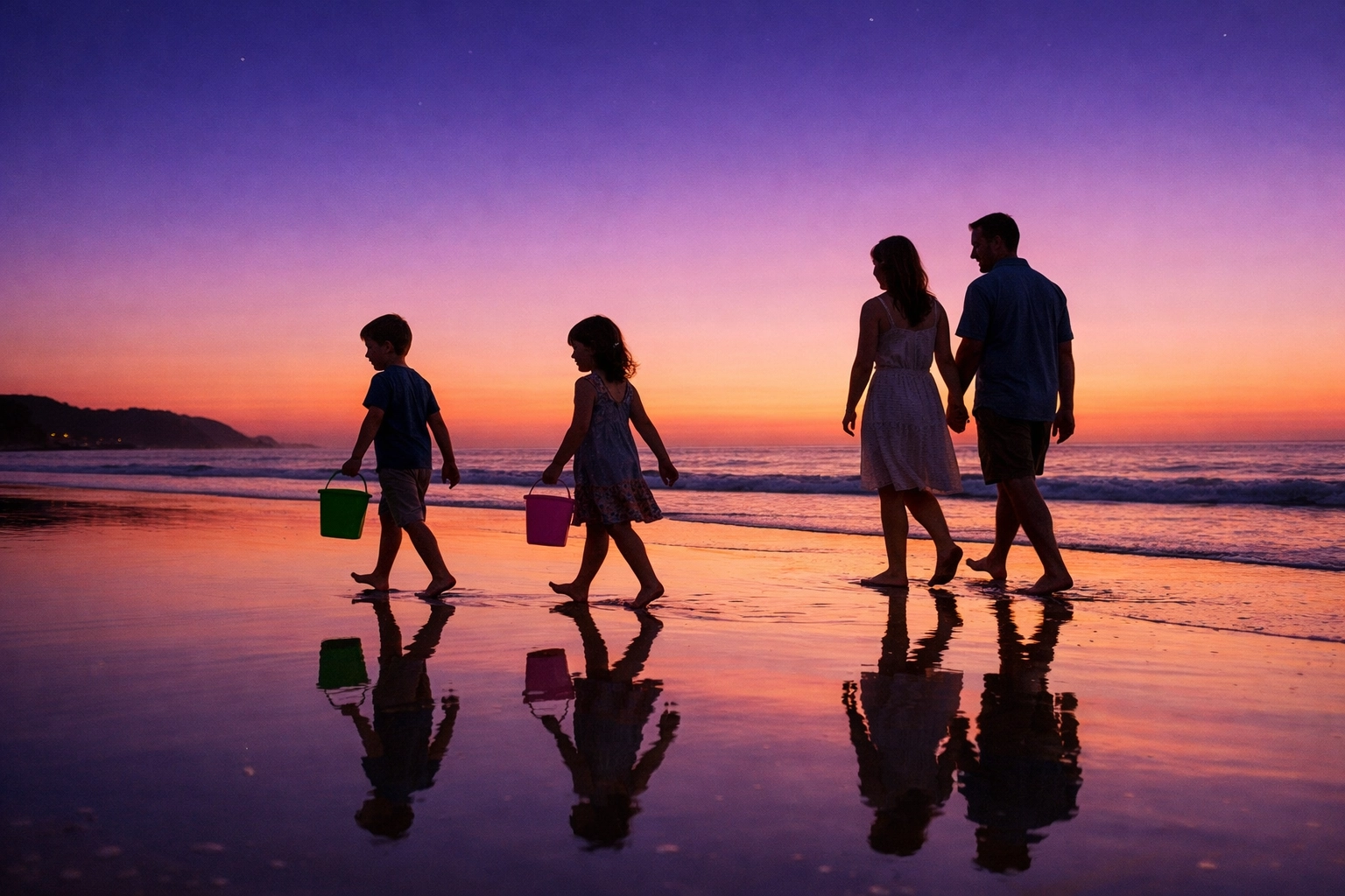 Family walking along the shore at sunset, balancing high-energy fun with relaxing beach activities.