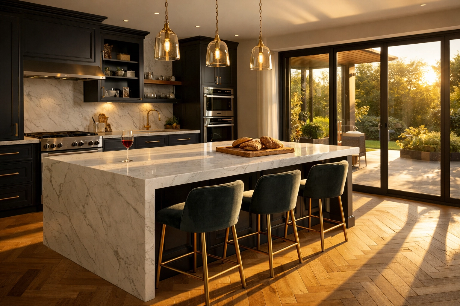 Modern L-shaped kitchen extension with a central marble island and breakfast bar seating.